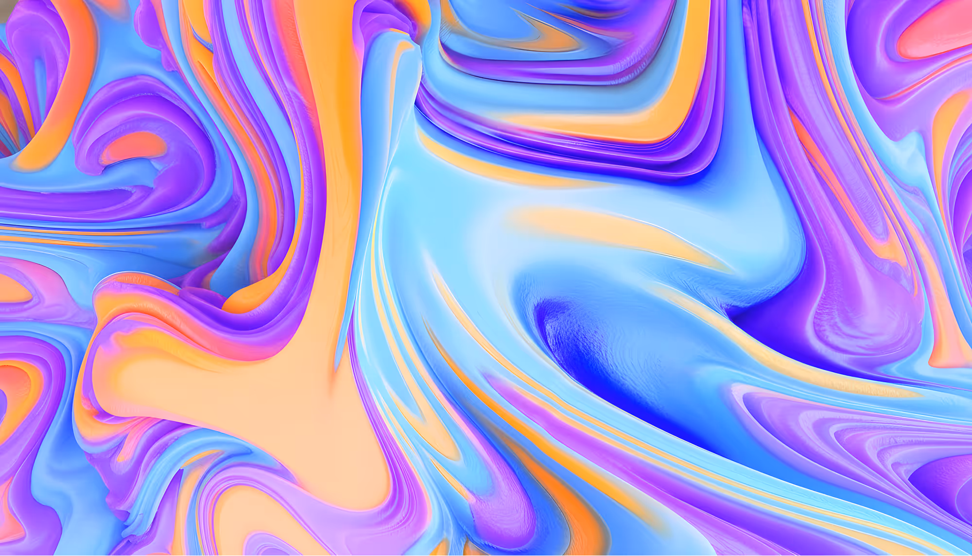 Swirling abstract pattern with vibrant orange, blue, and purple hues. Smooth, flowing shapes create a sense of dynamic movement and energy.