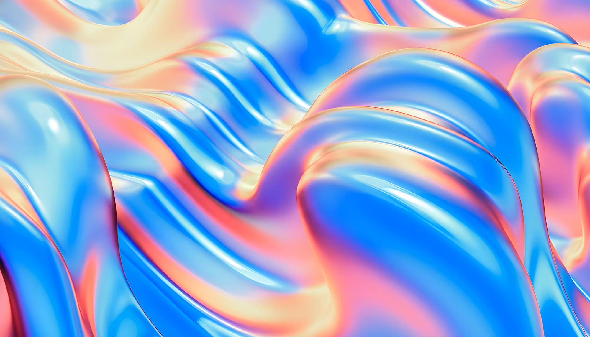 Abstract image featuring smooth, fluid waves in iridescent blue, pink, and cream. The glossy surface conveys a serene and dynamic visual flow.