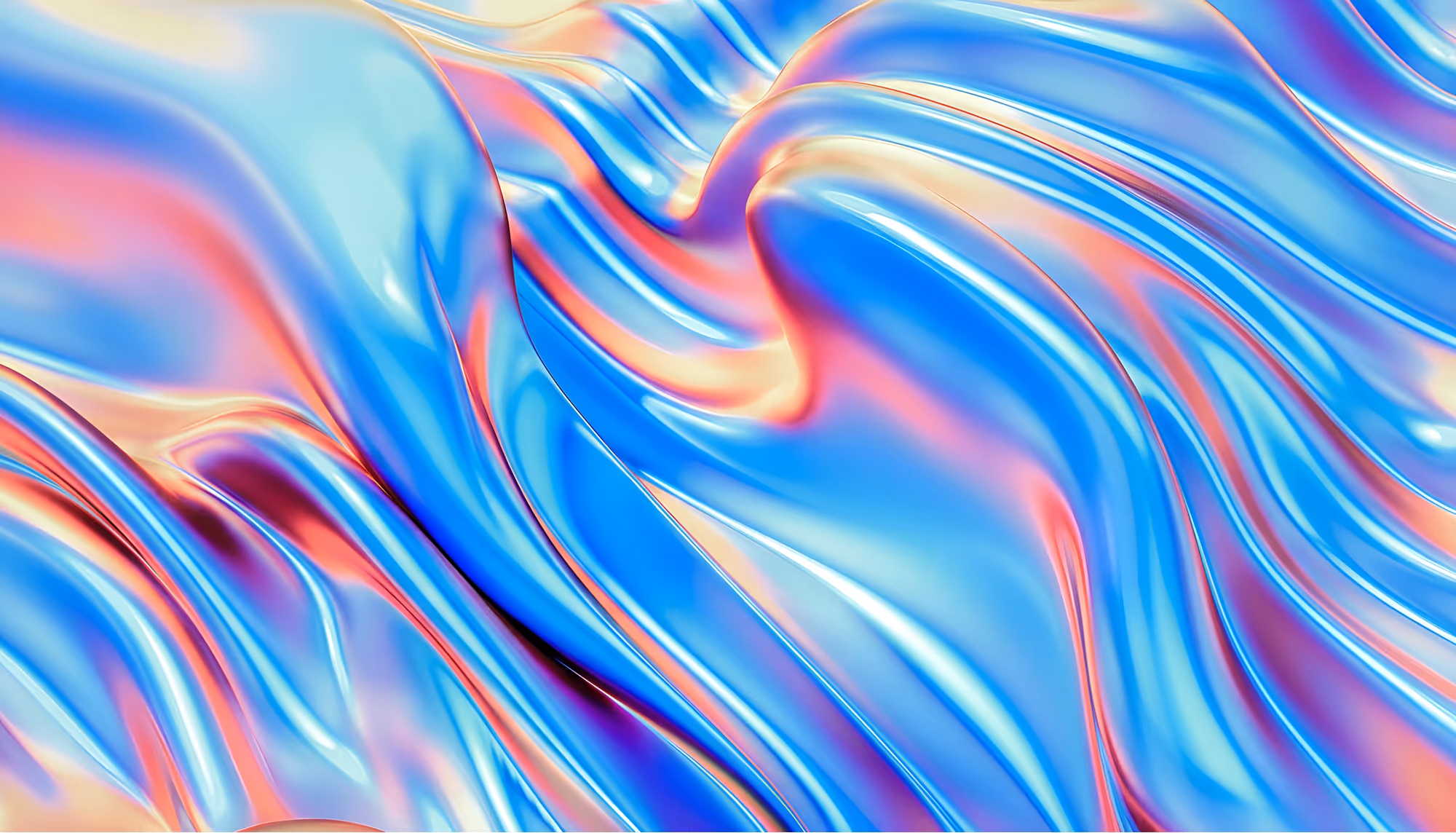 Fluid abstract image featuring flowing waves of blue with hints of pink and orange, creating a glossy, iridescent texture. The tone is vibrant and dynamic.