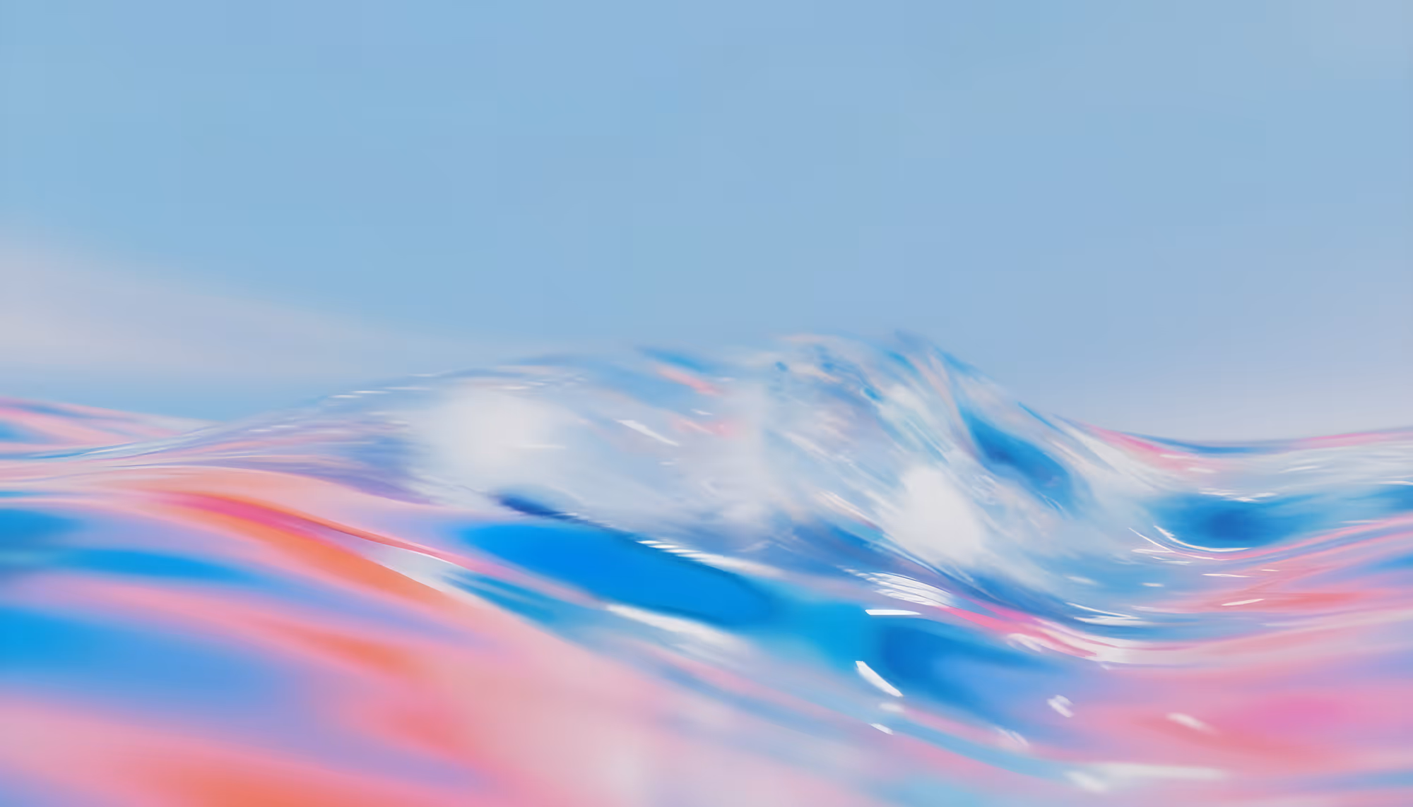 A serene abstract image of gently rippling water, with vibrant pink, blue, and white hues blending seamlessly under a soft, pale blue sky.