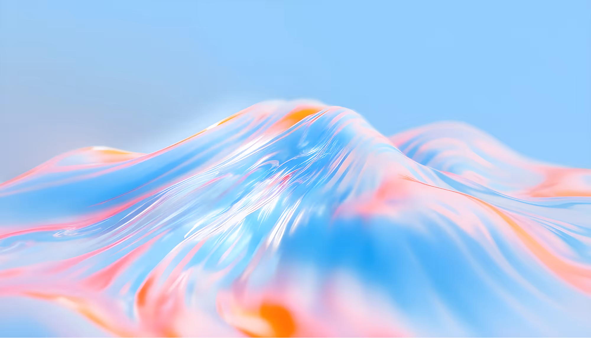 A smooth, fluid wave of pastel colors, including blue, pink, and orange, blend and flow over a soft blue background, evoking a serene and tranquil mood.