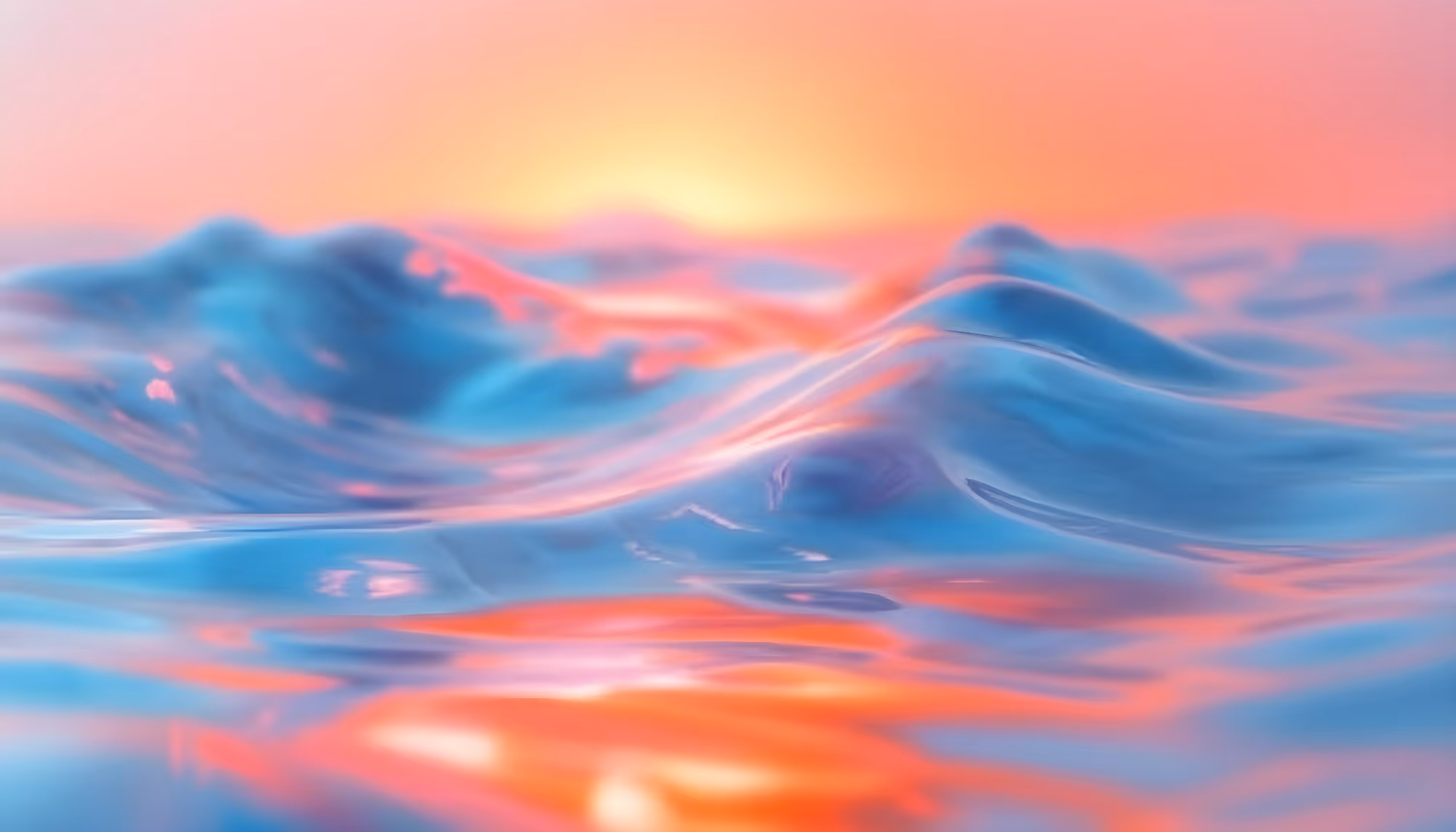 Abstract image of smooth ocean waves under a vibrant sunset sky, with swirling hues of pink, orange, and blue, creating a serene and dreamy atmosphere.