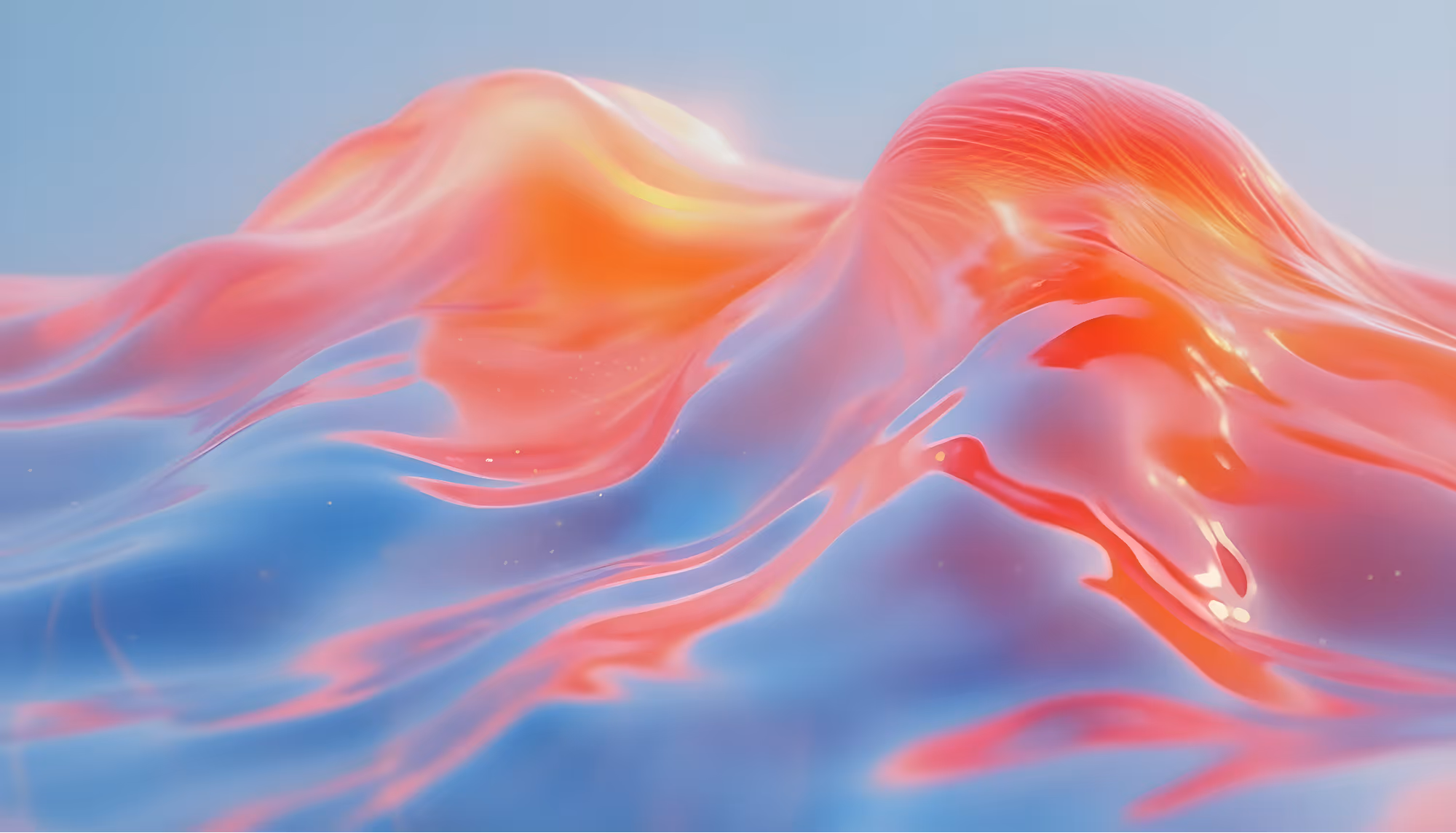 Abstract image of fluid, glossy waves in vibrant pink, orange, and blue hues. The smooth, flowing forms create a tranquil, surreal atmosphere.