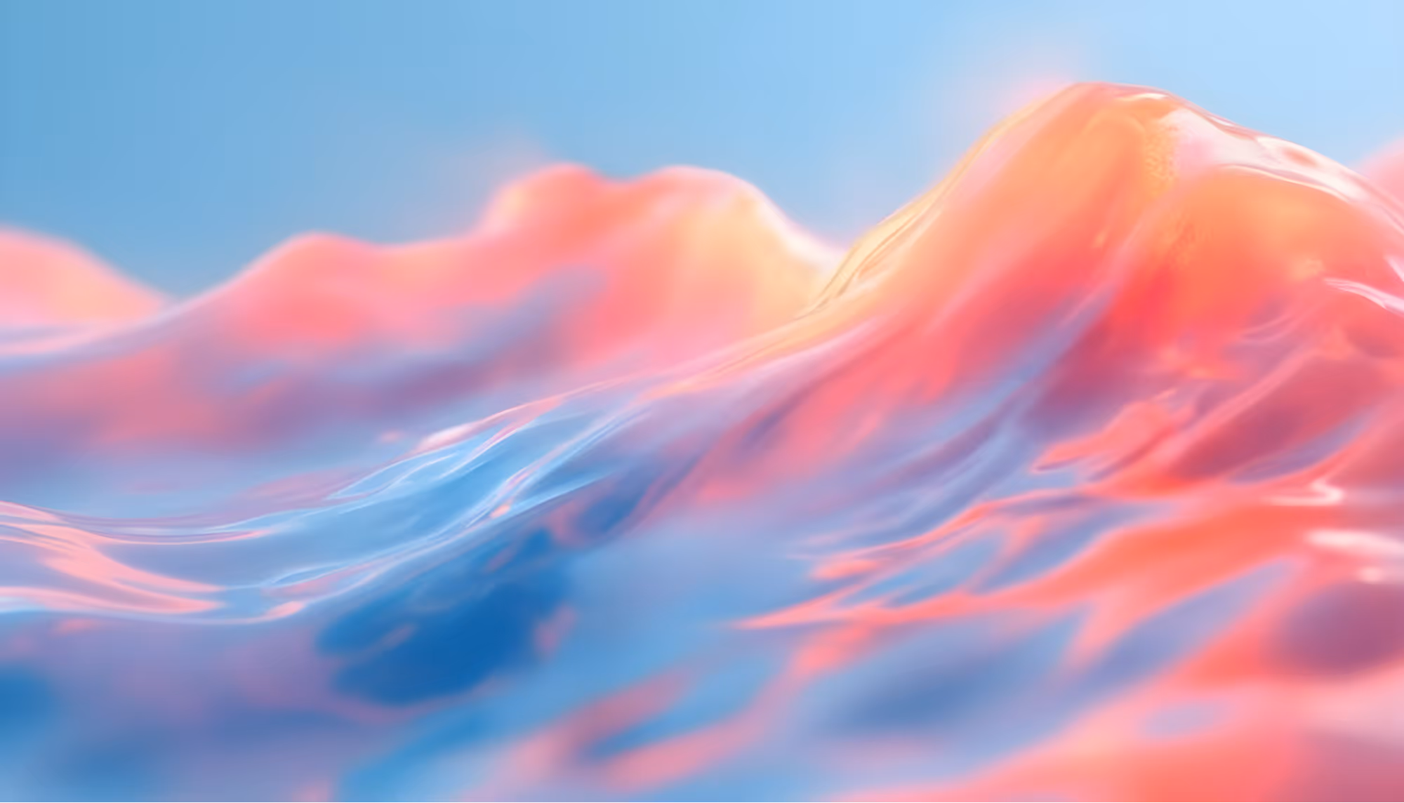 Dreamy abstract image with fluid waves blending soft pink, orange, and blue hues. The glossy texture evokes a serene, ethereal atmosphere against a light background.