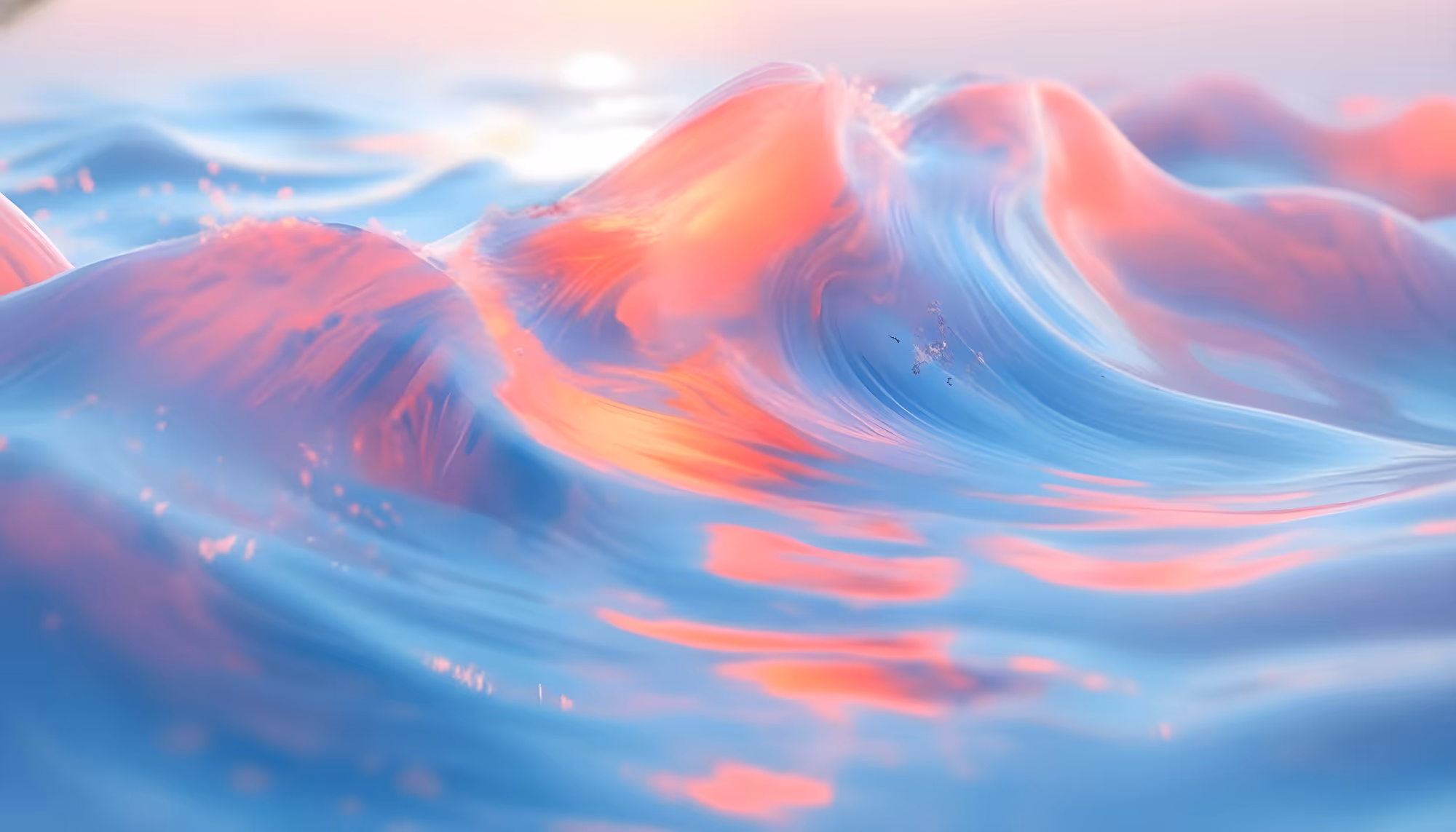 A surreal seascape with soft, pink and blue waves catching the light, creating a dreamy and ethereal atmosphere, evoking tranquility and wonder.