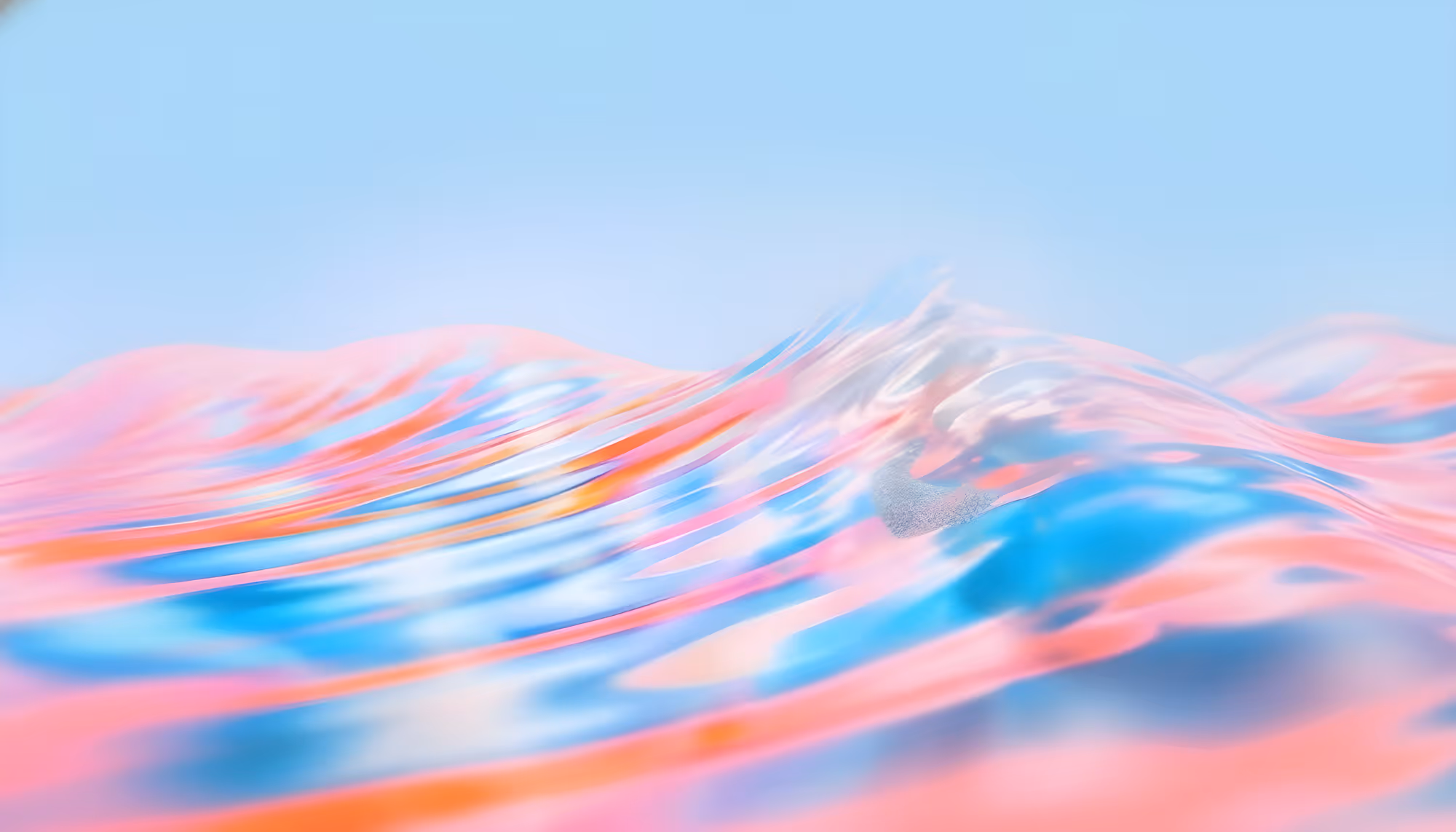 A wavy, abstract scene with soft pastel colors of pink, blue, and orange blending seamlessly. The fluid, glossy texture evokes a calm, serene mood.
