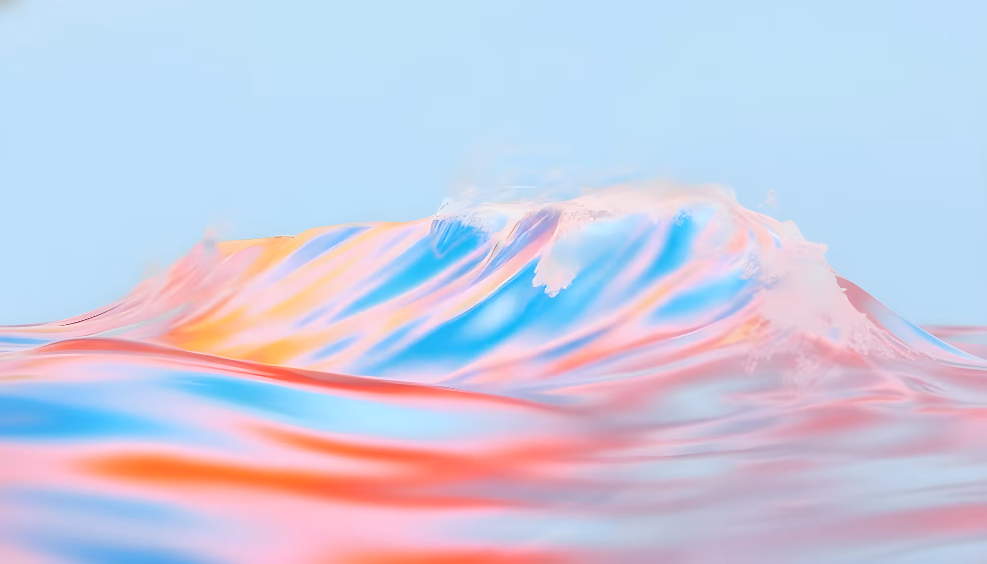 A vibrant, dreamy wave with swirling colors of blue, pink, and orange against a light blue sky. The scene conveys serenity and artistic fluidity.