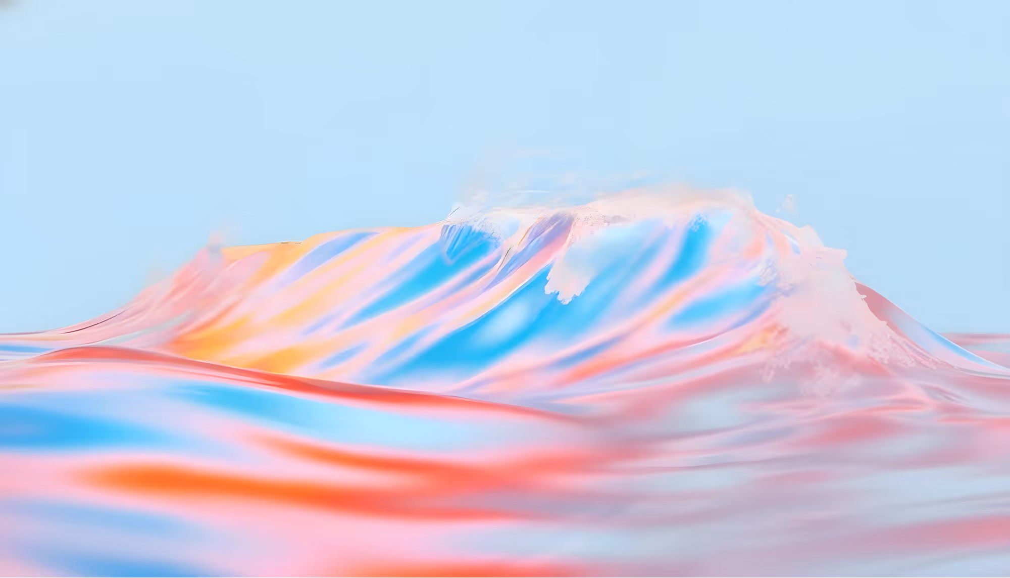 Abstract waves with vibrant colors of blue, pink, and orange blend fluidly under a pale sky, conveying a surreal and serene mood.