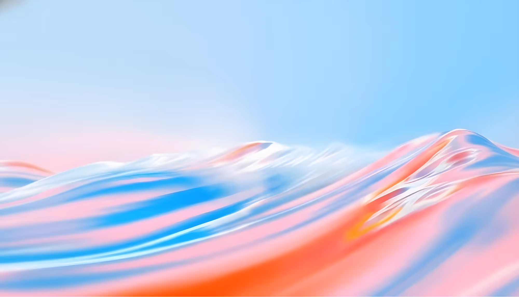 Abstract image of fluid waves in soft pastel colors of blue, pink, and orange, creating a serene and dreamy atmosphere against a light blue backdrop.