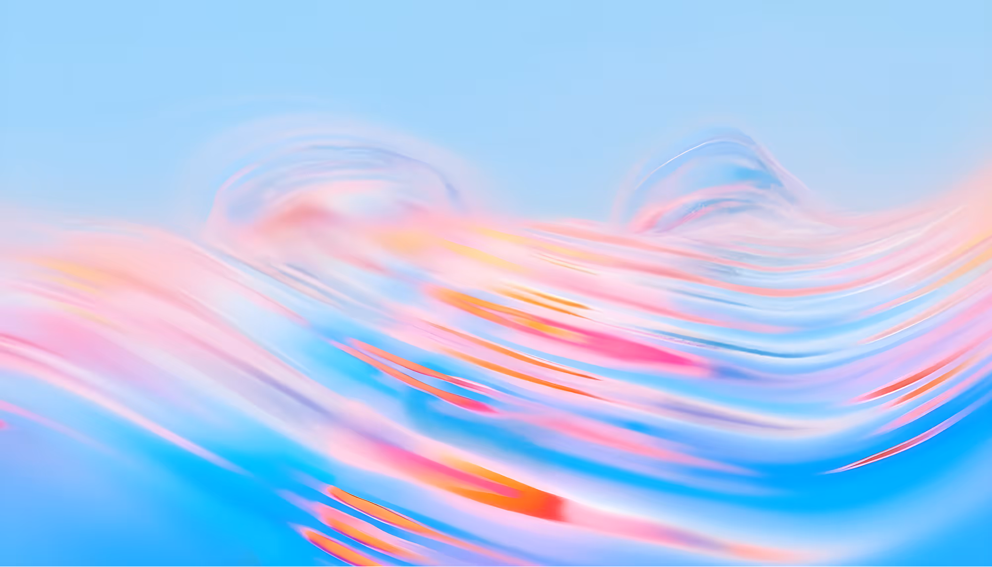 Abstract image with smooth waves of pink, blue, and orange hues blending seamlessly. The colors create a calm, flowing, and serene atmosphere.