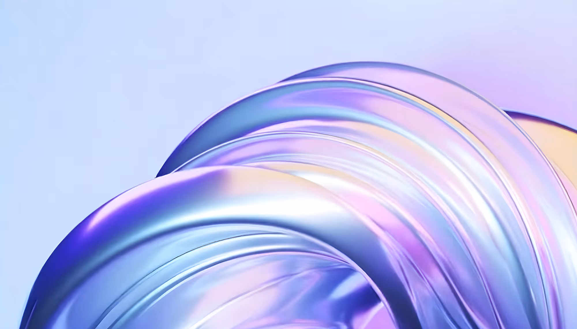 Abstract image featuring smooth, iridescent metallic curves in shades of purple and blue, resembling a futuristic shell, set against a light blue background.