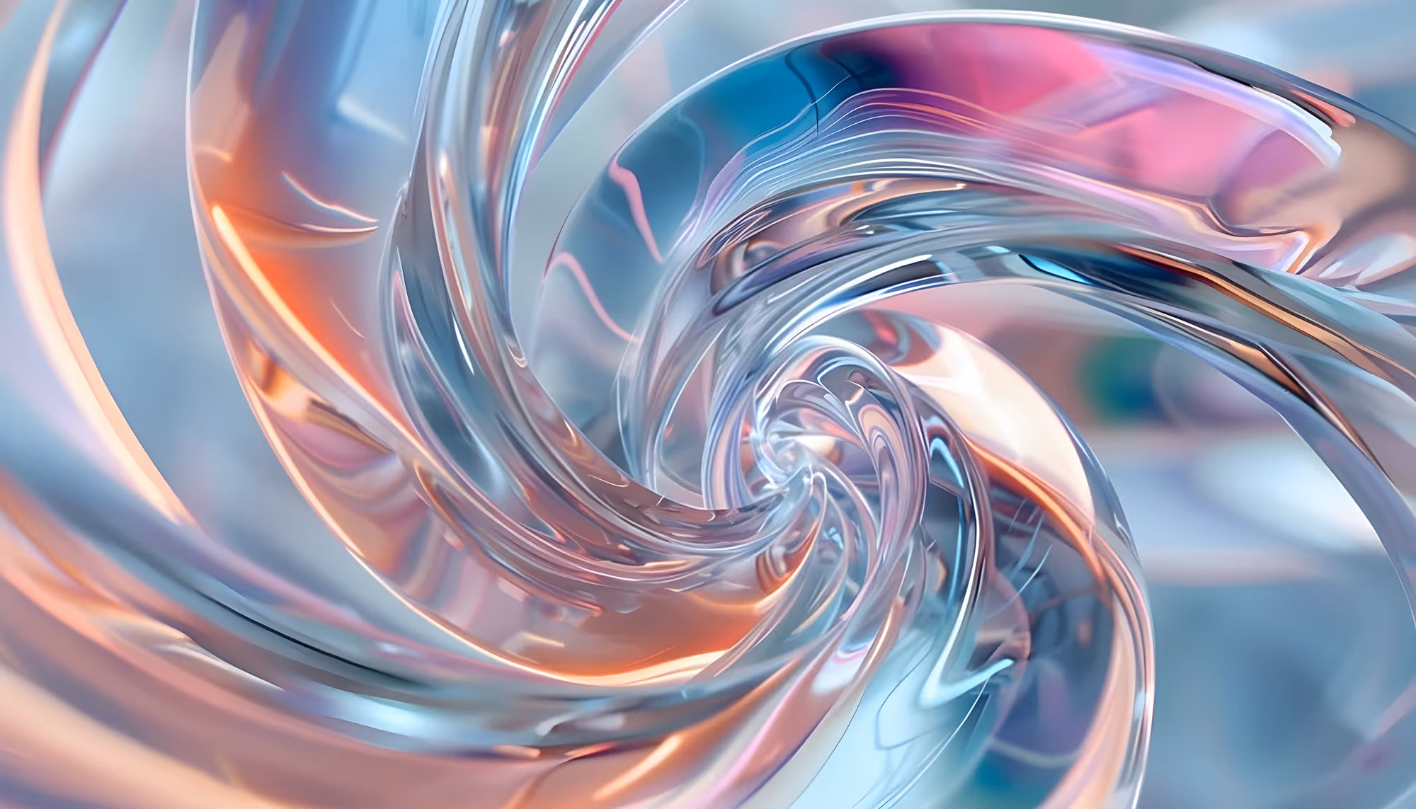 Abstract image featuring a swirling pattern of iridescent, glass-like ribbons in pastel hues of pink, blue, and orange, creating a dynamic, fluid sense of motion.