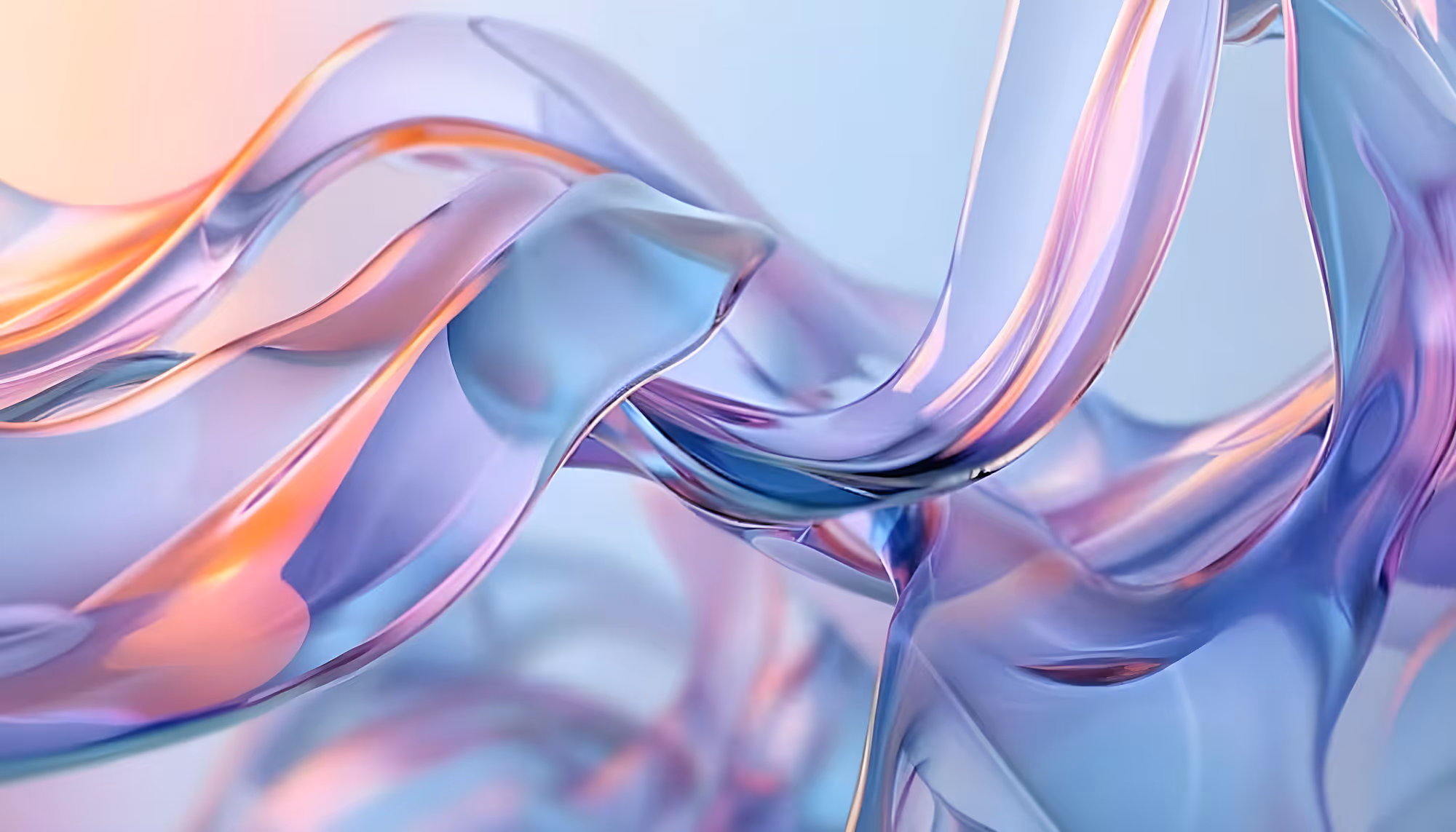 Abstract image of flowing, translucent ribbons in purple, blue, and orange tones on a soft gradient background, conveying a sense of fluidity and lightness.