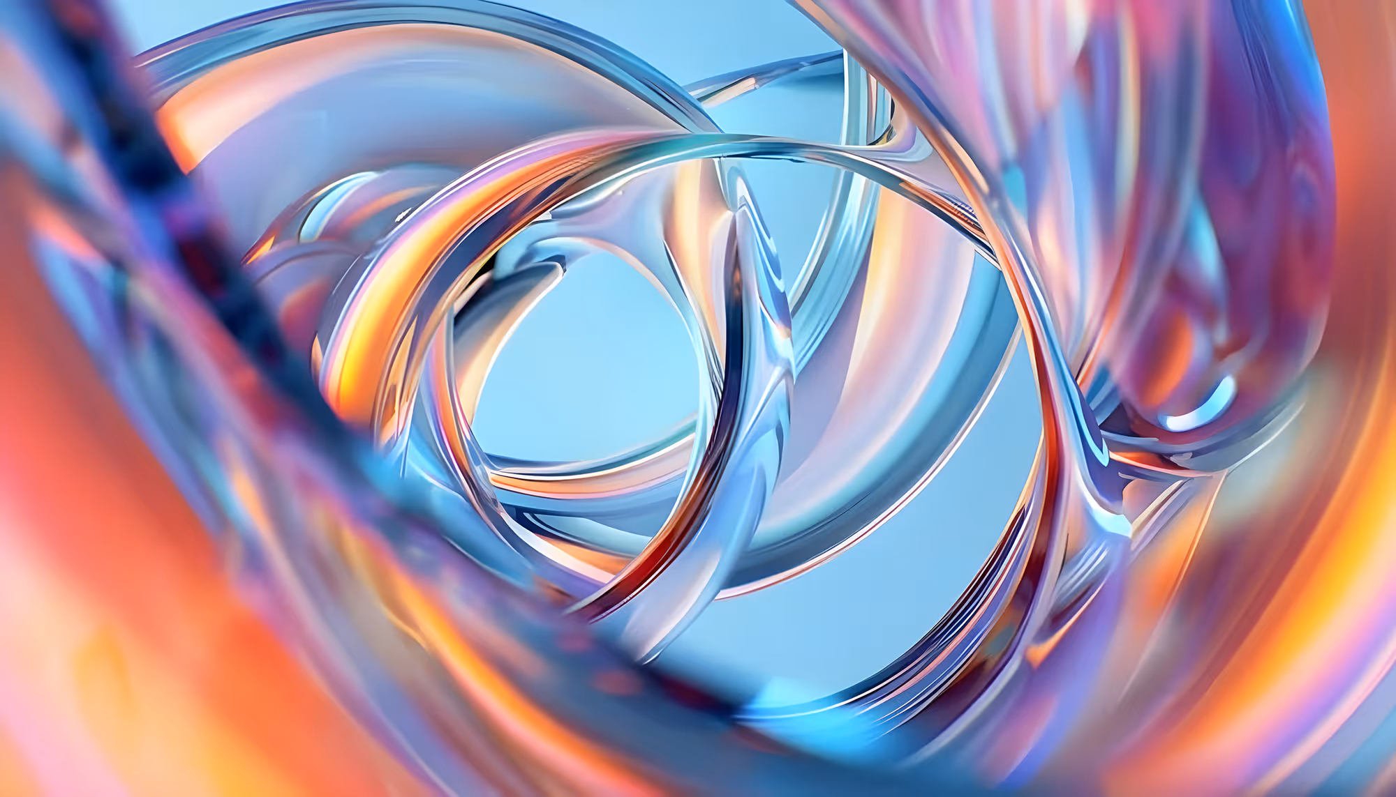 Abstract image of twisting, translucent tubes in blue, pink, and orange hues. The intertwining shapes create a dynamic and fluid visual effect.