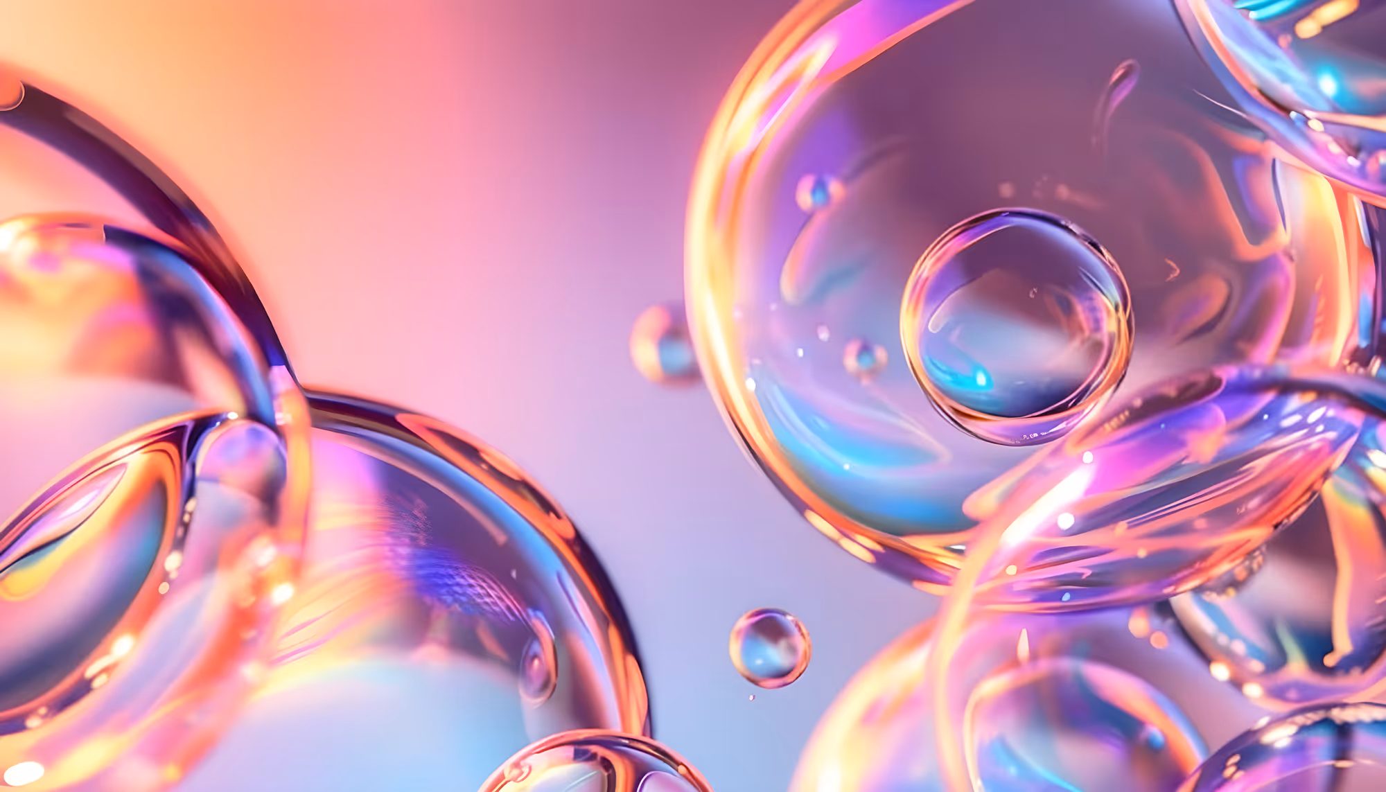 Abstract image of glowing soap bubbles in vibrant, iridescent colors of pink, orange, and blue against a soft gradient background. Dreamy and ethereal.