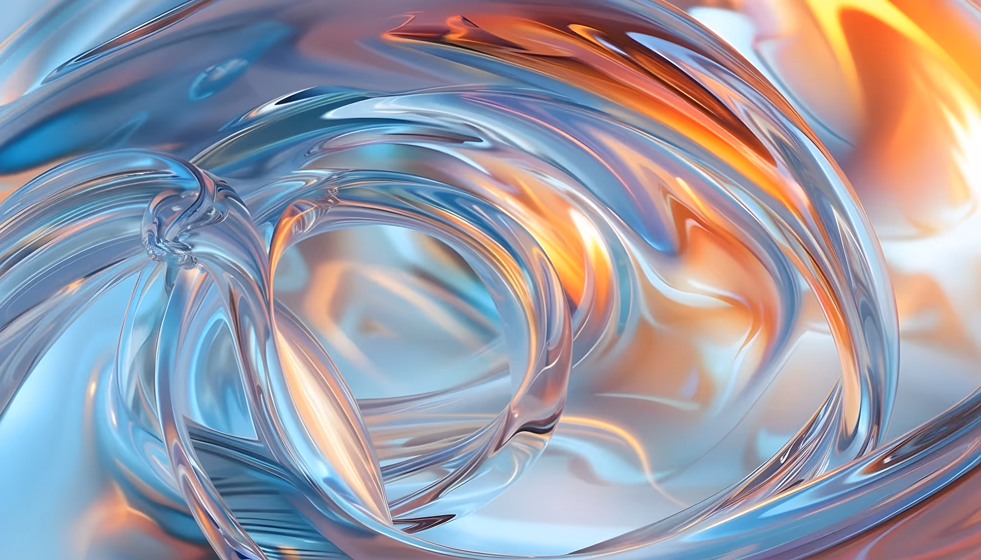 Abstract image of swirling glass-like shapes in cool blues and warm oranges, creating a dynamic, fluid motion. The tone is vibrant and energetic.