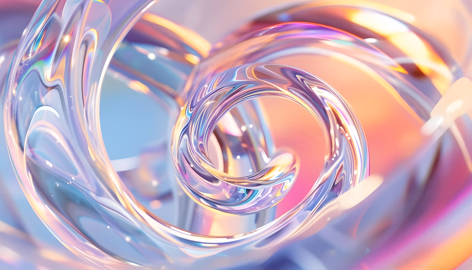 A swirling vortex of translucent, multicolored glass-like material reflects pastel hues of pink, blue, and gold, creating a mesmerizing, dynamic abstract scene.