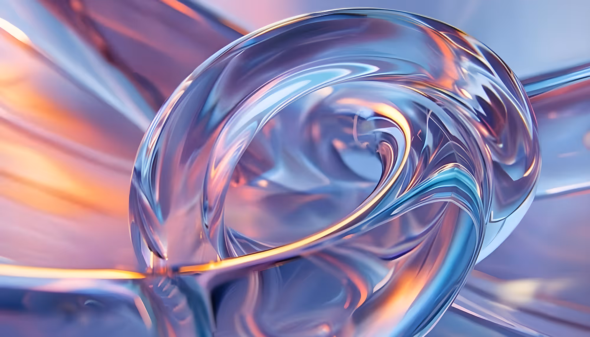 Abstract digital artwork of swirling glass-like forms in blue and orange hues. The smooth curves create a dynamic, fluid motion with a reflective surface.