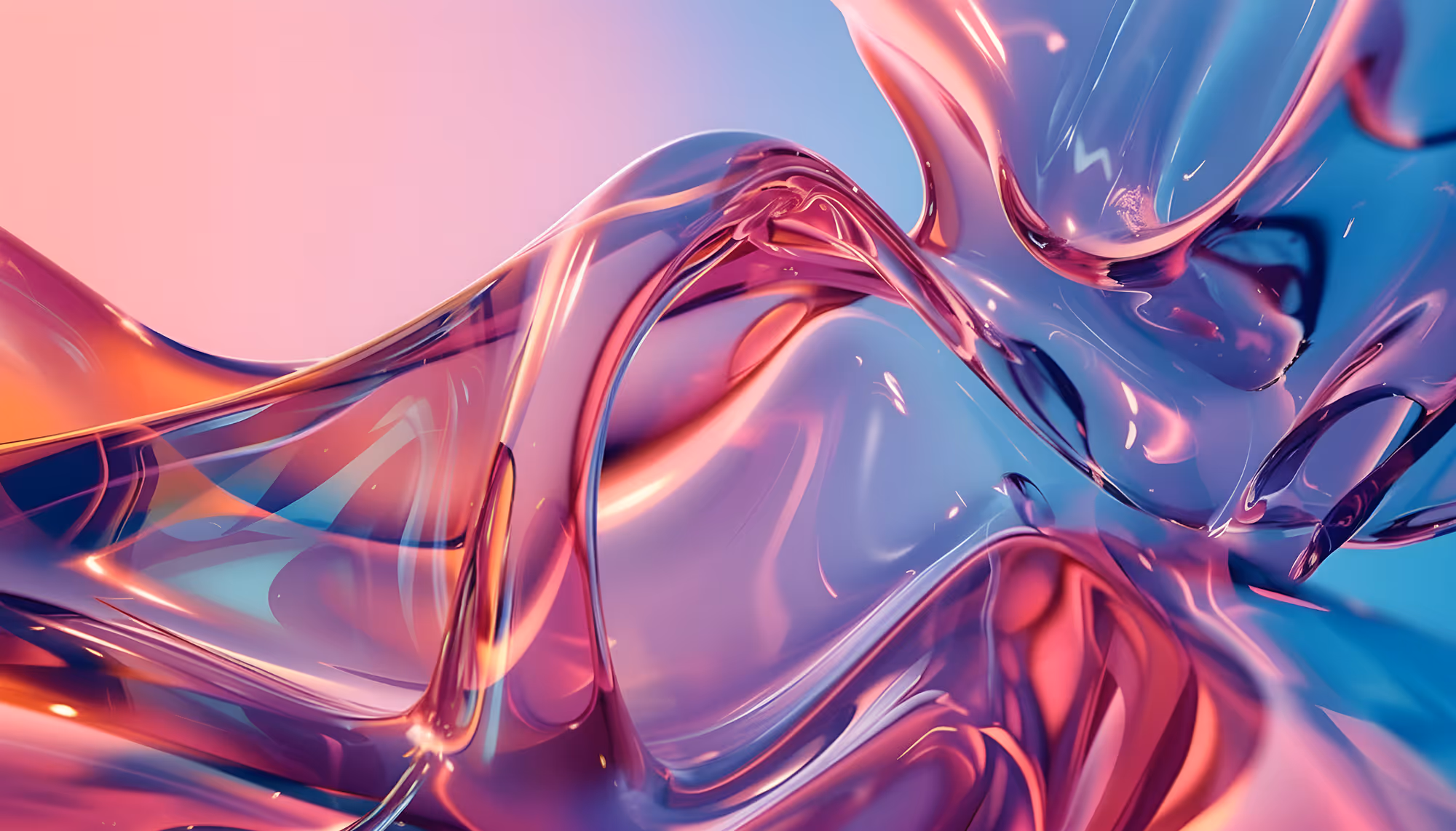 An abstract image featuring smooth, swirling shapes in pink, purple, and blue tones. The fluid, glossy forms create a sense of motion and elegance.