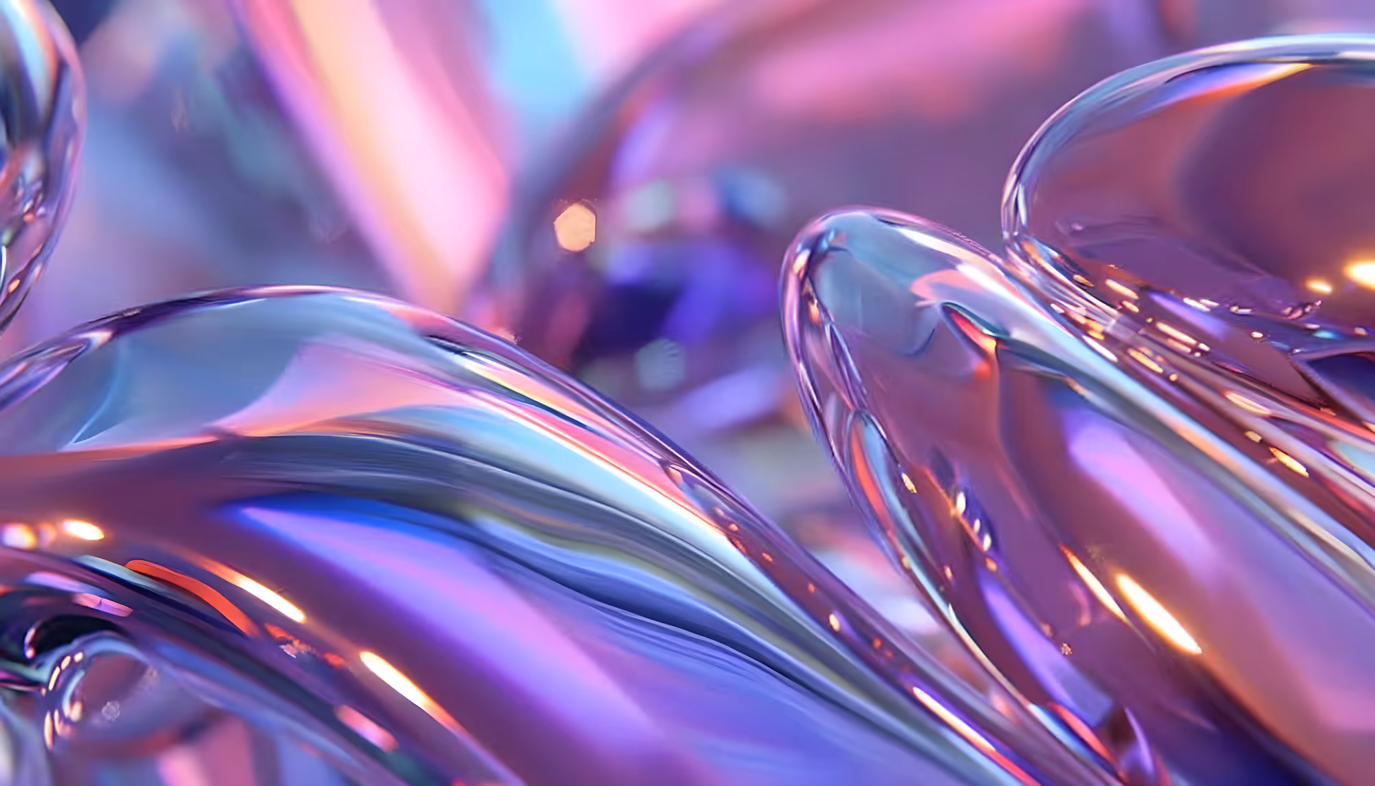 Abstract image featuring smooth, reflective surfaces in vibrant purple, pink, and blue hues. The flowing shapes create a dreamy, fluid atmosphere.