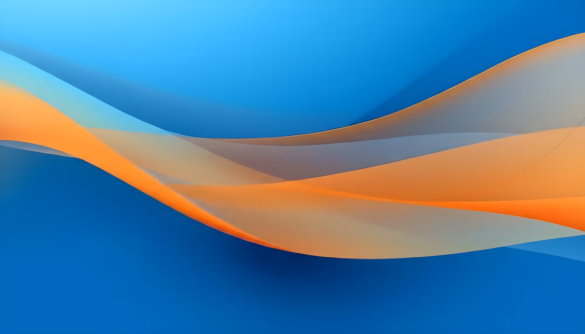Abstract design with flowing orange and blue waves on a blue background. The smooth, layered curves create a calm, harmonious, and dynamic feel.