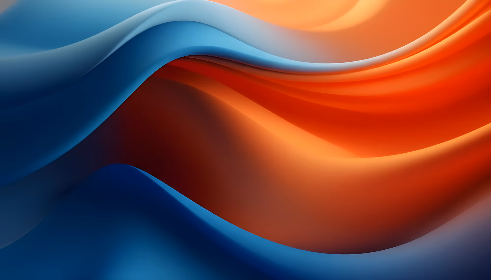 Abstract image featuring smooth, flowing waves of blue and orange. The curves intermingle, creating a dynamic, harmonious, and fluid appearance.