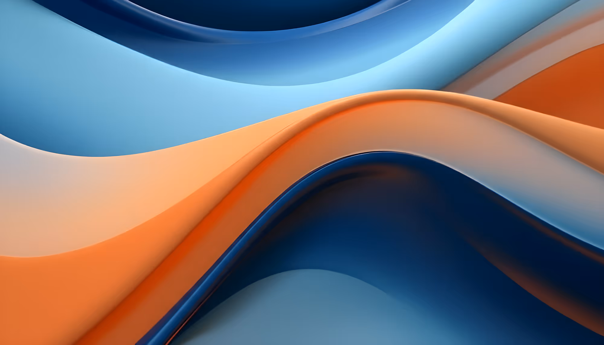 Abstract waves of blue and orange blend seamlessly, creating a smooth, fluid motion. The glossy texture and gentle curves evoke a serene, calming feel.