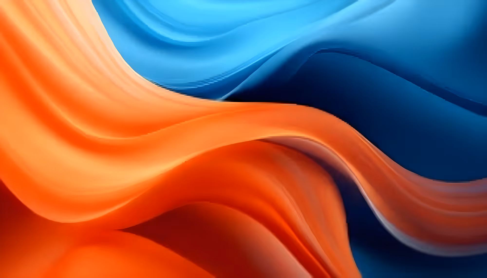 Vibrant abstract image with interwoven orange and blue fluid waves, creating a dynamic and harmonious blend. The colors convey energy and movement.