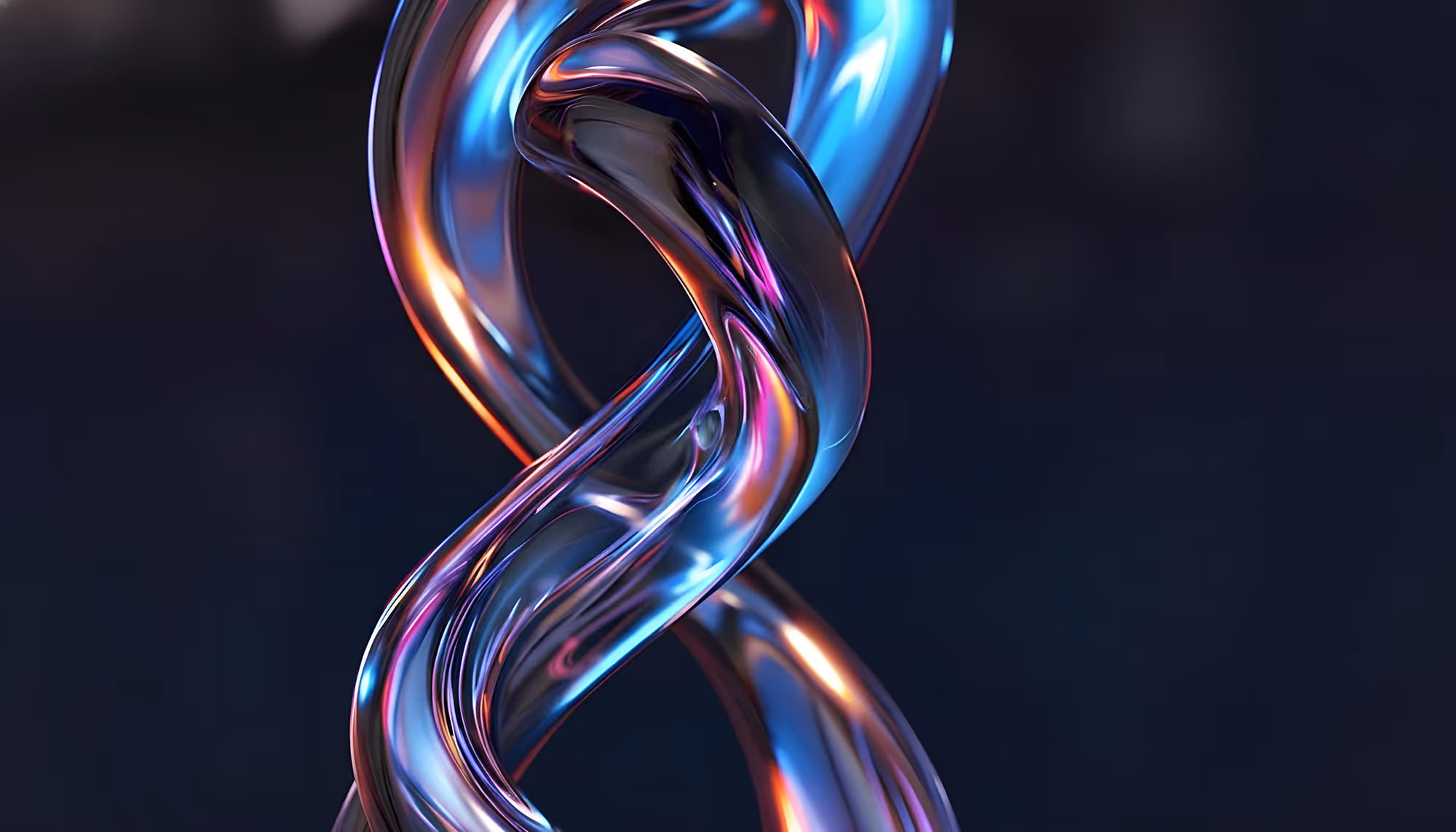 A metallic, intertwined helix reflecting orange and blue hues, set against a dark background. The image conveys a futuristic and elegant tone.