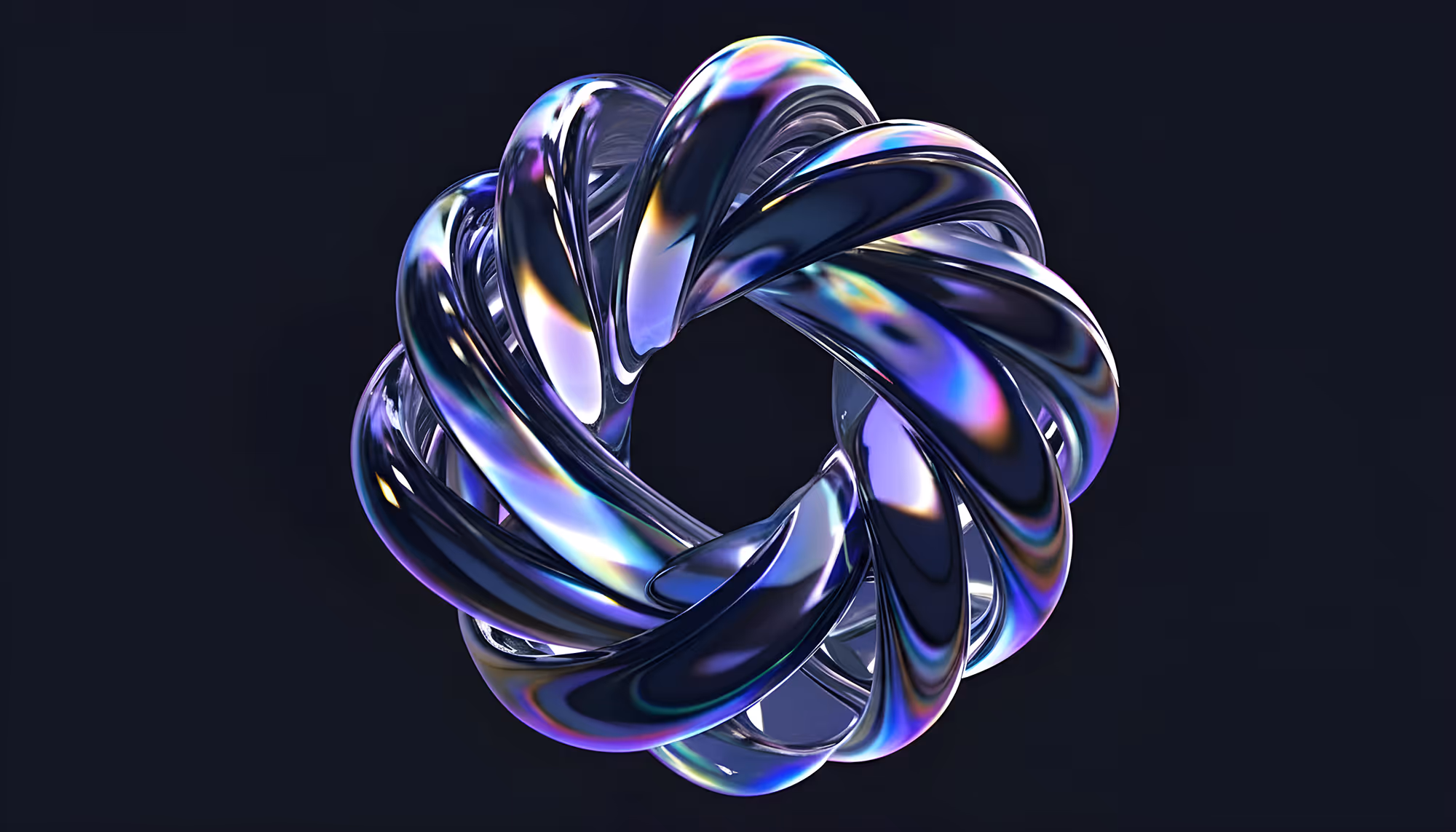 A glossy, iridescent torus shape made of interwoven loops against a dark background, reflecting vibrant colors and conveying a futuristic, dynamic feel.