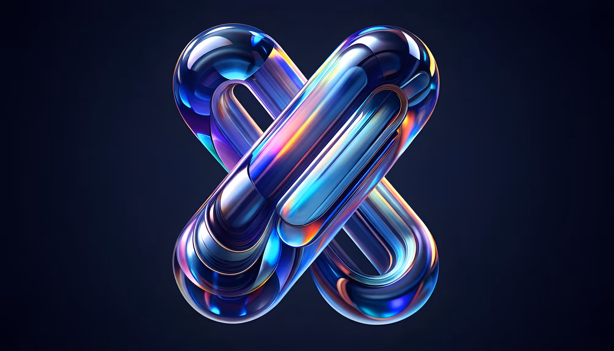 Abstract 3D shape resembling an intertwined loop, with a glossy, metallic finish. It reflects vibrant colors like blue, purple, and orange, set against a dark background.