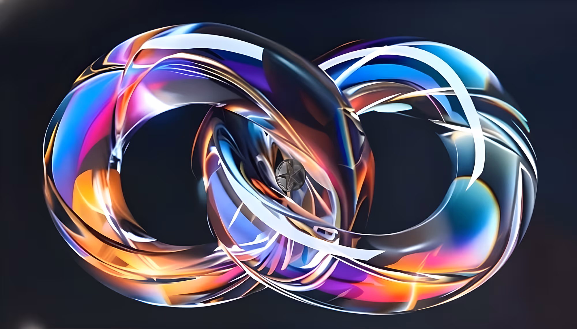 Abstract digital art of two interlocking infinity symbols with a reflective, metallic surface. Vibrant colors including blue, pink, and orange swirl across a dark background.