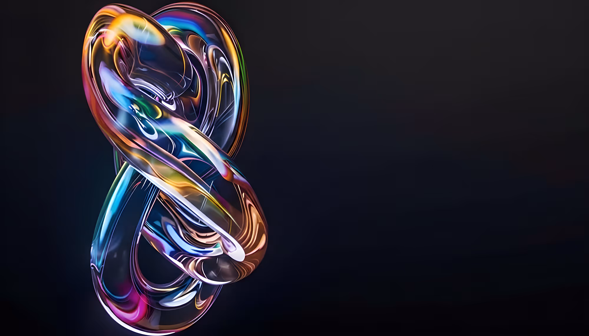Abstract digital art featuring a luminous, multicolored twisted form against a dark background. The swirling colors create a sense of motion and fluidity.