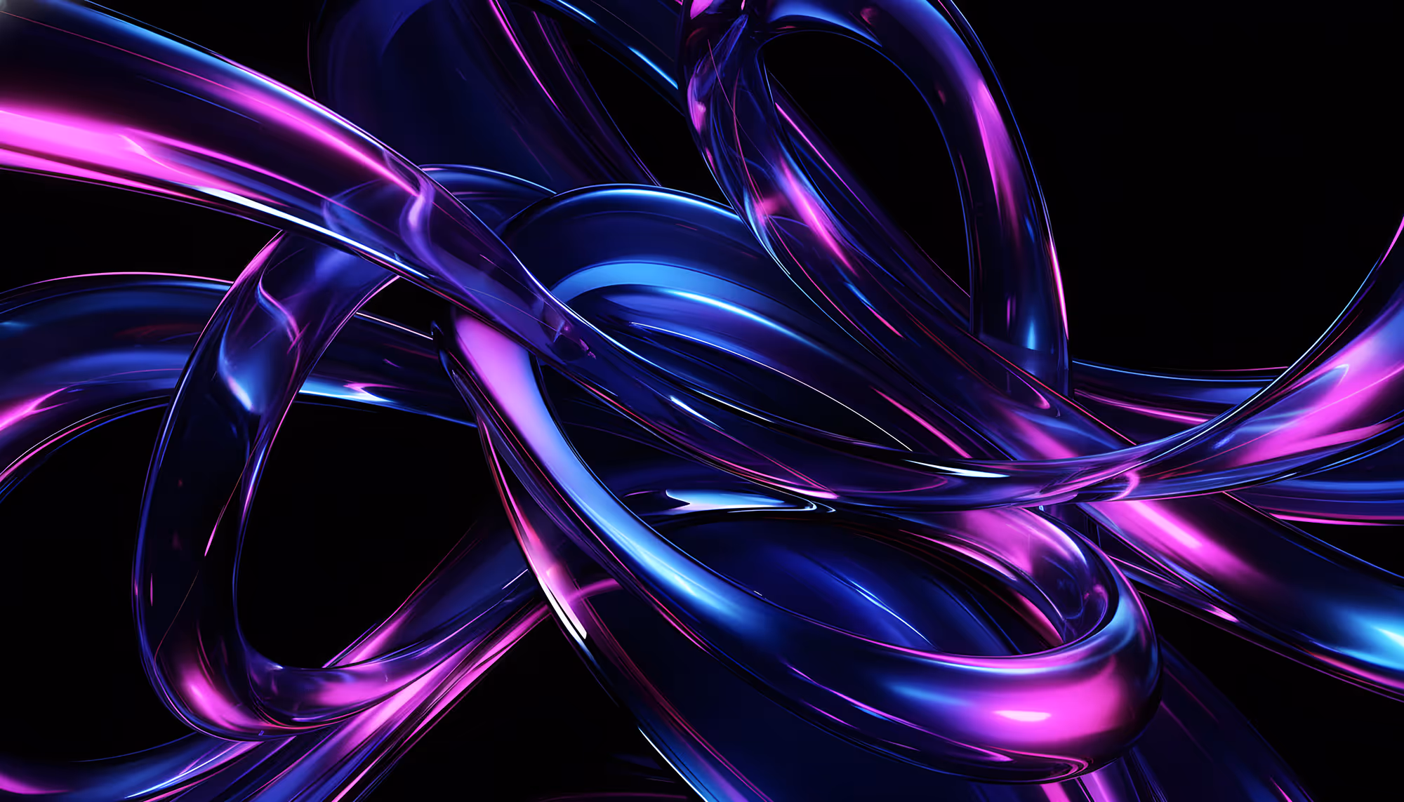 Abstract image featuring intertwined, glossy ribbons in vibrant blue and purple, set against a black background, creating a fluid and dynamic look.