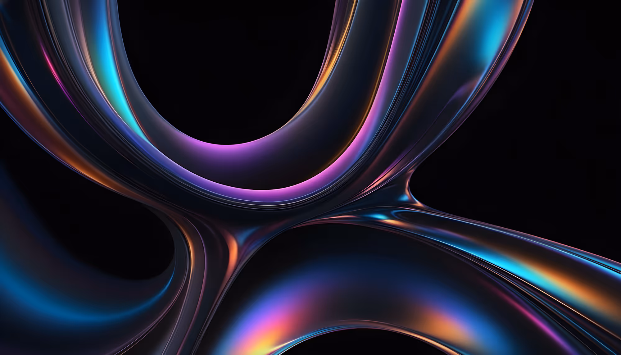 Abstract digital art with fluid, intertwining ribbons reflecting vibrant hues of blue, purple, and pink against a black background, creating a dynamic, futuristic feel.