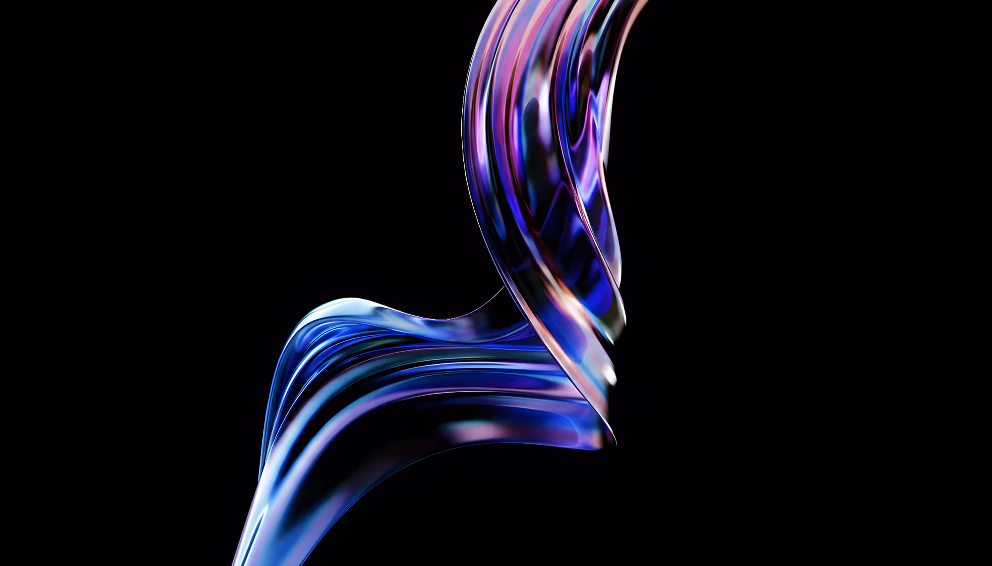 Abstract flowing ribbon-like shape in iridescent blue and purple hues on a black background, conveying movement and elegance.