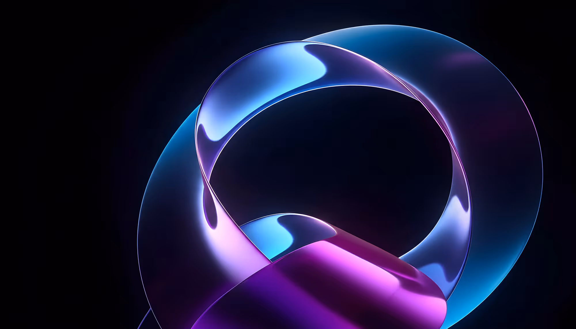 Abstract image featuring a shiny, intertwined loop with gradients of blue, purple, and pink against a black background, creating a futuristic, elegant feel.