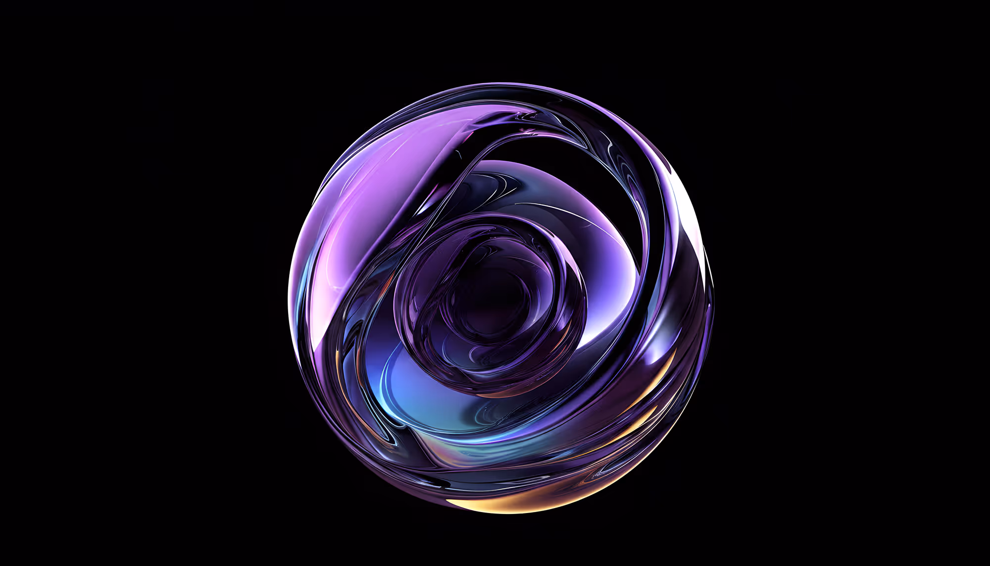 A glass-like, swirling sphere with purple, blue, and amber hues against a black background. The abstract design is futuristic and elegant.