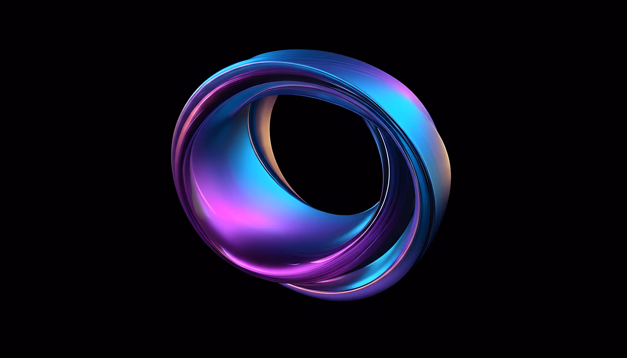 A vibrant abstract 3D shape with intertwining loops in iridescent blue and purple hues on a black background, conveying a futuristic and dynamic feel.