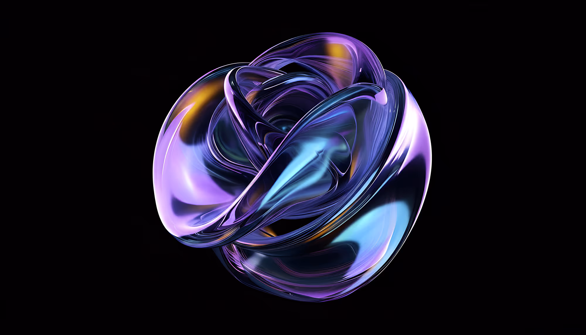 Abstract digital artwork features a glossy, swirling shape in vibrant hues of purple, blue, and orange against a black background, conveying a futuristic and dynamic feel.