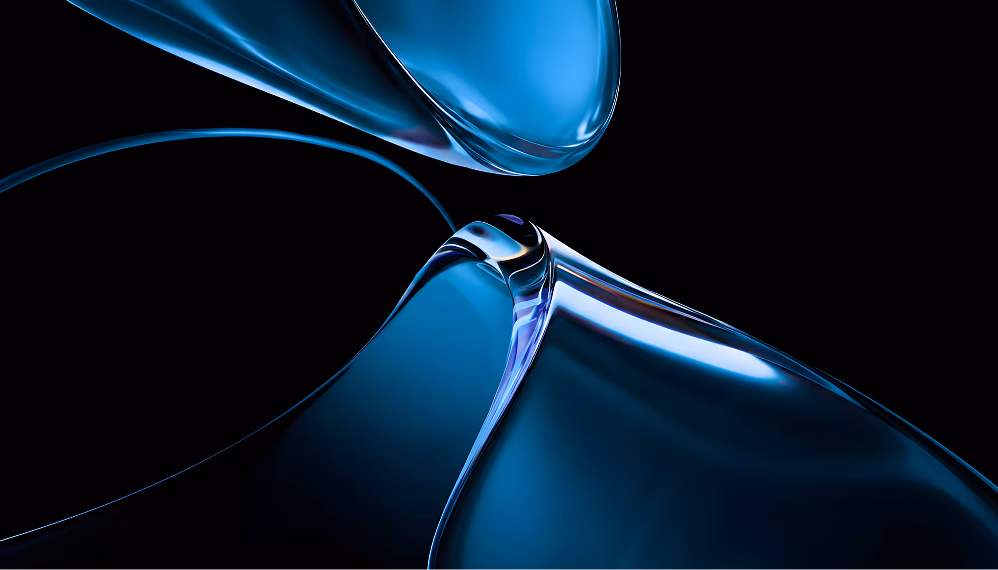 Abstract image featuring smooth, reflective blue glass-like forms on a black background, creating a fluid and modern aesthetic with a serene tone.