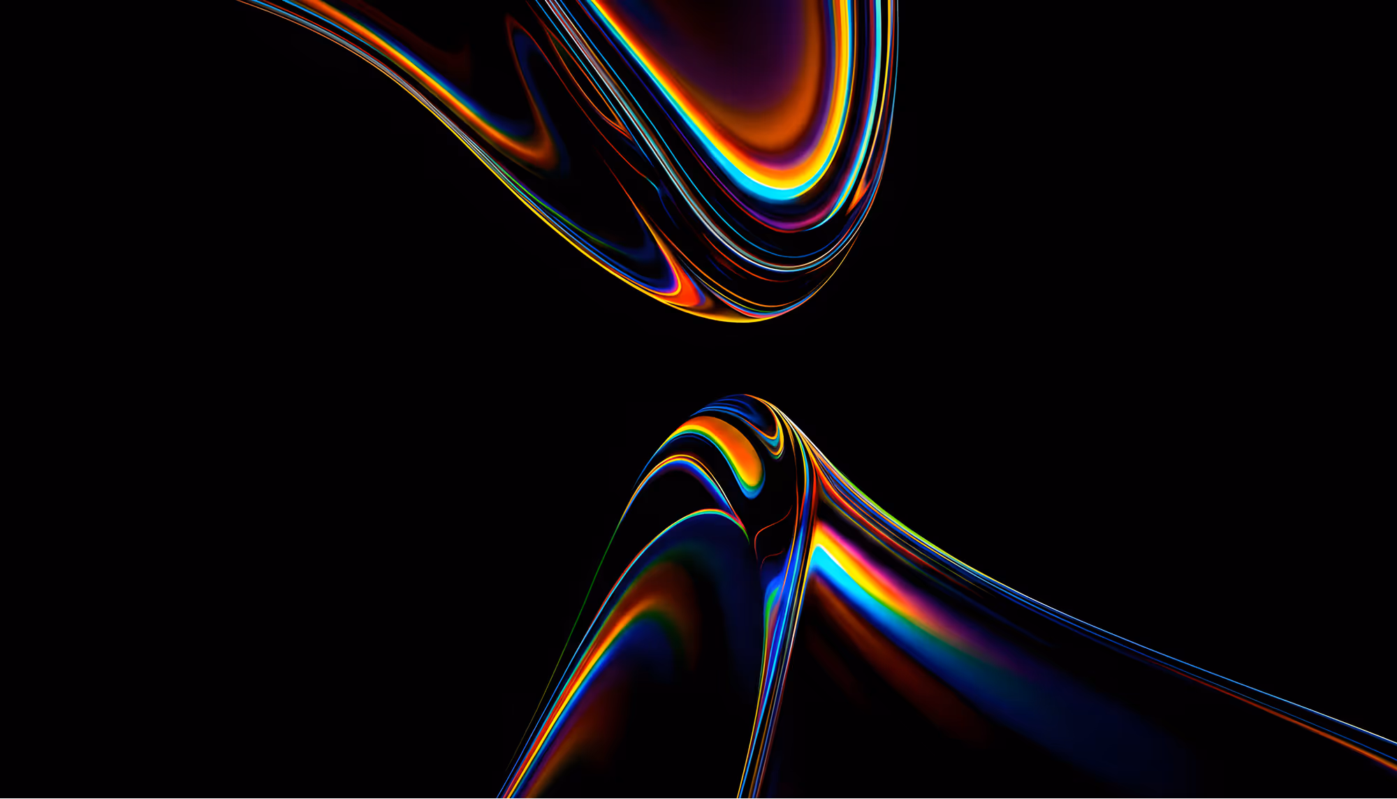 Abstract image featuring smooth, curved streaks with iridescent rainbow hues on a black background, conveying a futuristic and fluid aesthetic.