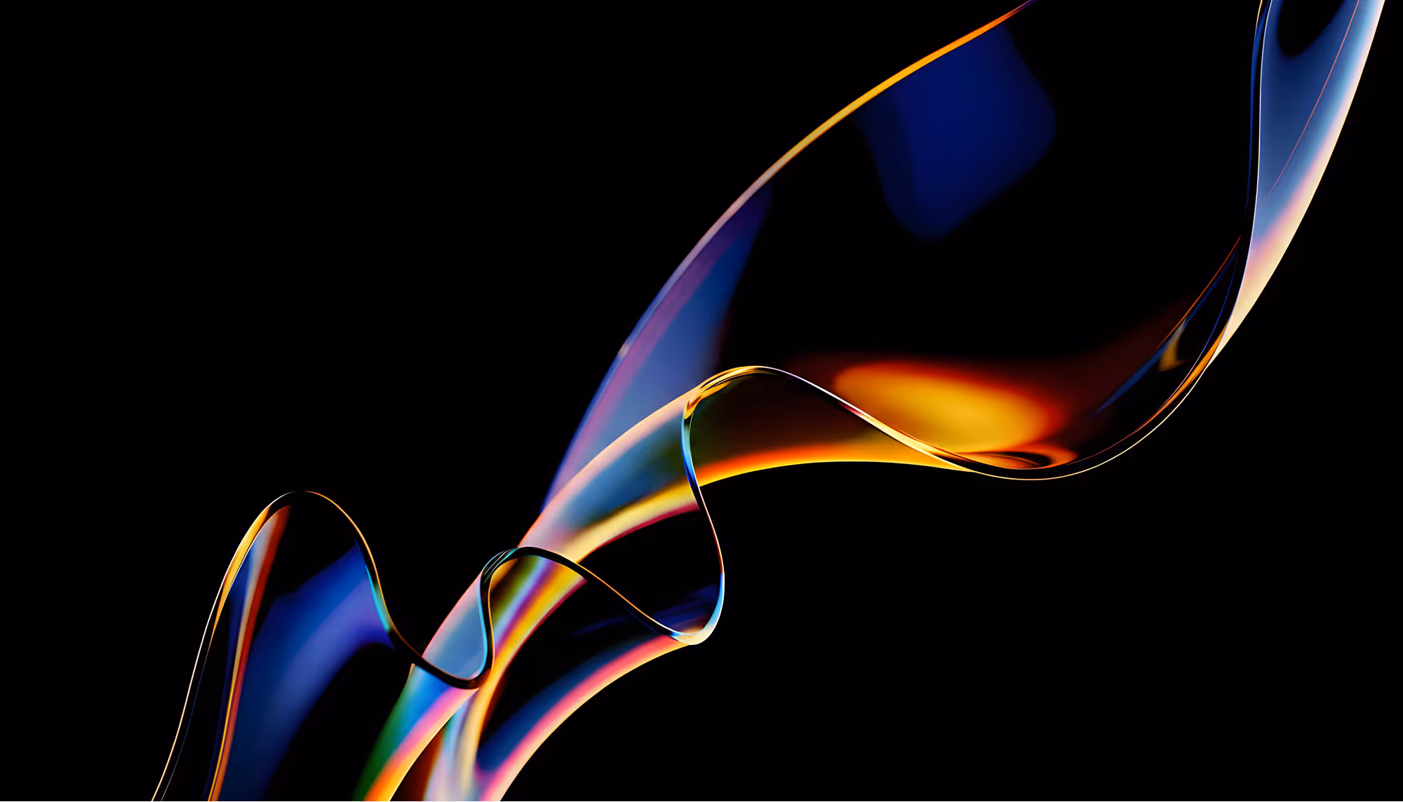 A flowing abstract ribbon in vibrant orange, blue, and yellow hues swirls gracefully over a black background, creating a dynamic and fluid visual effect.