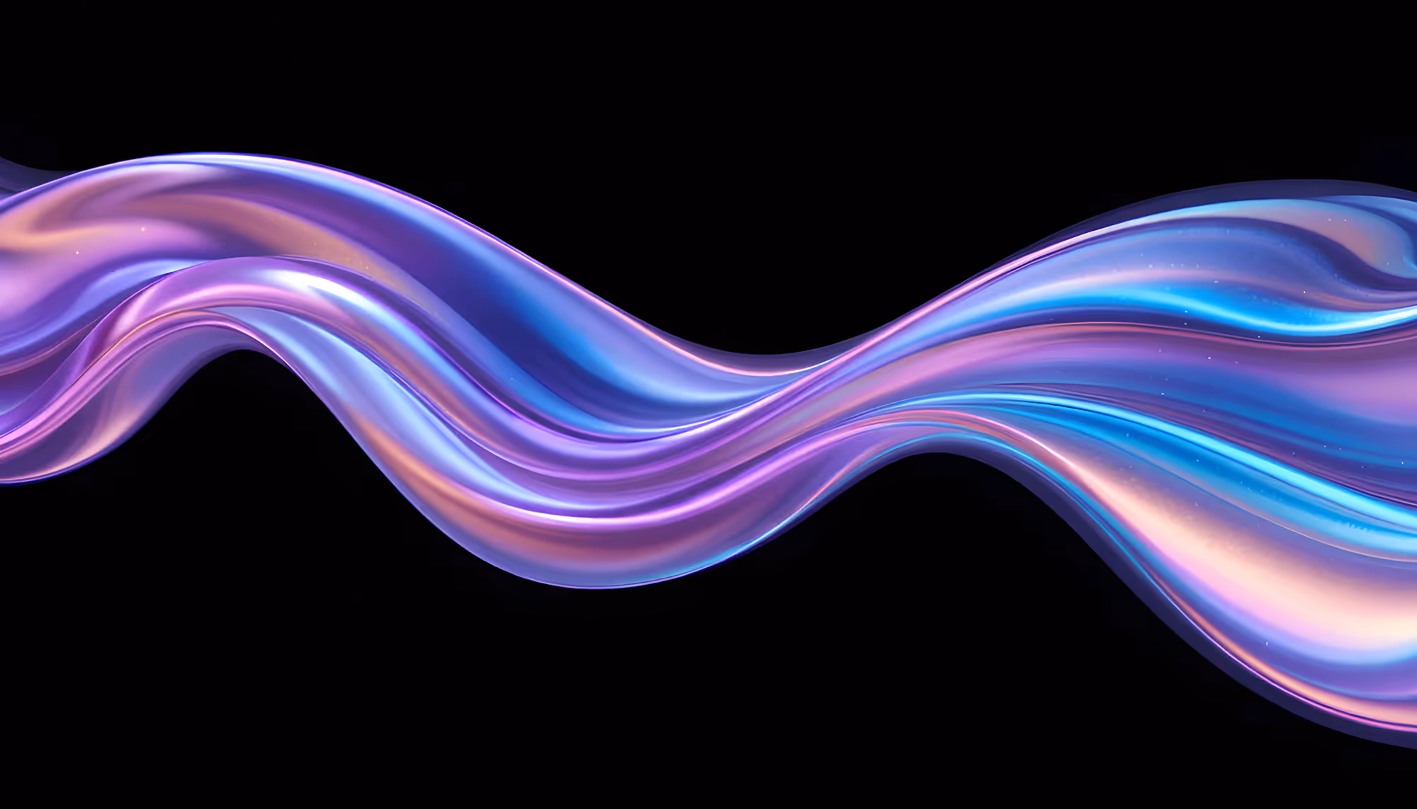 A vibrant, flowing ribbon of shimmering pastel colors, including purple, pink, and blue, set against a black background, creating a sense of motion and fluidity.