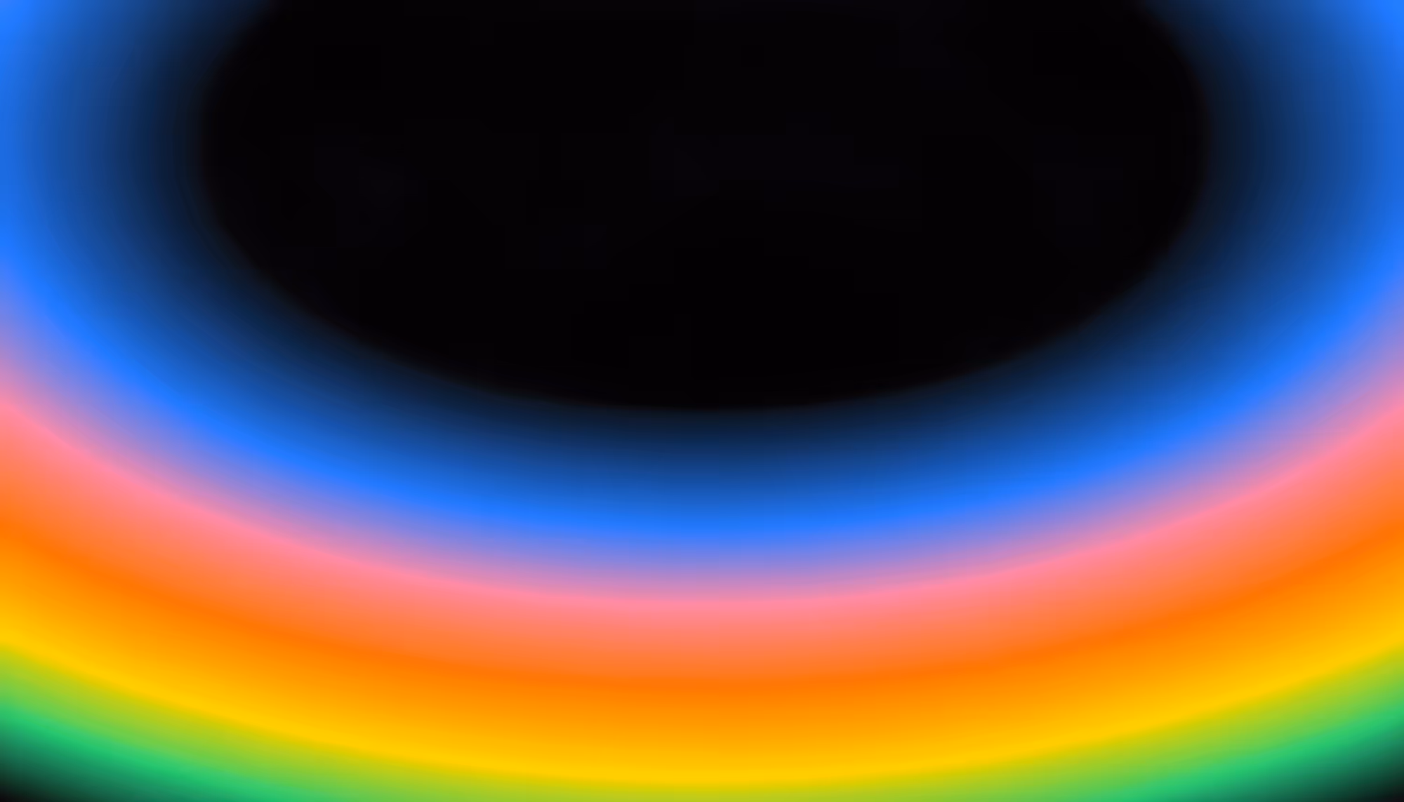 Abstract image with vibrant, smooth rainbow bands—green, yellow, orange, red, pink, and blue—on a black background, creating a serene gradient effect.