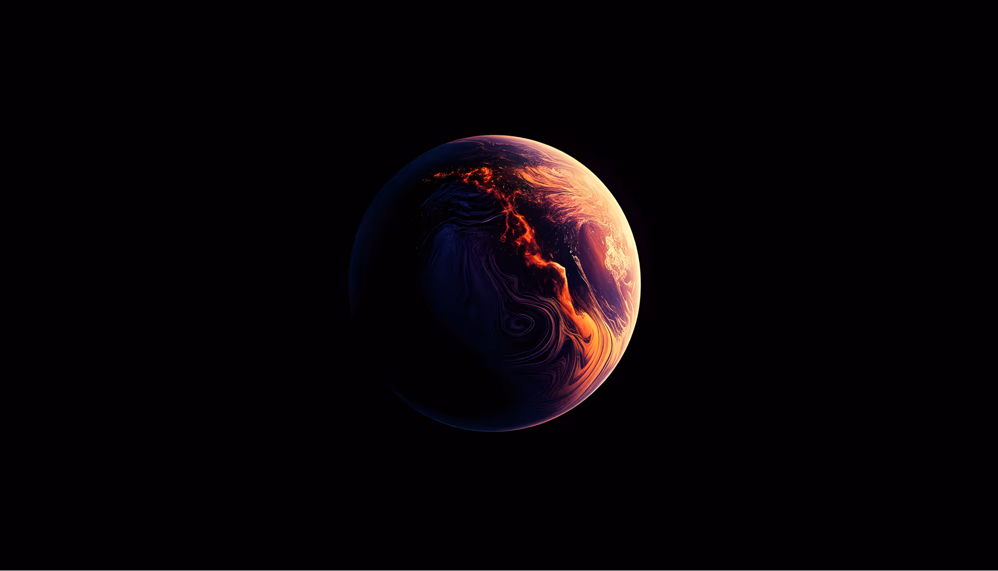 A dark, abstract planet floats in black space, illuminated by swirling red and orange patterns resembling molten lava, creating a mysterious, fiery atmosphere.