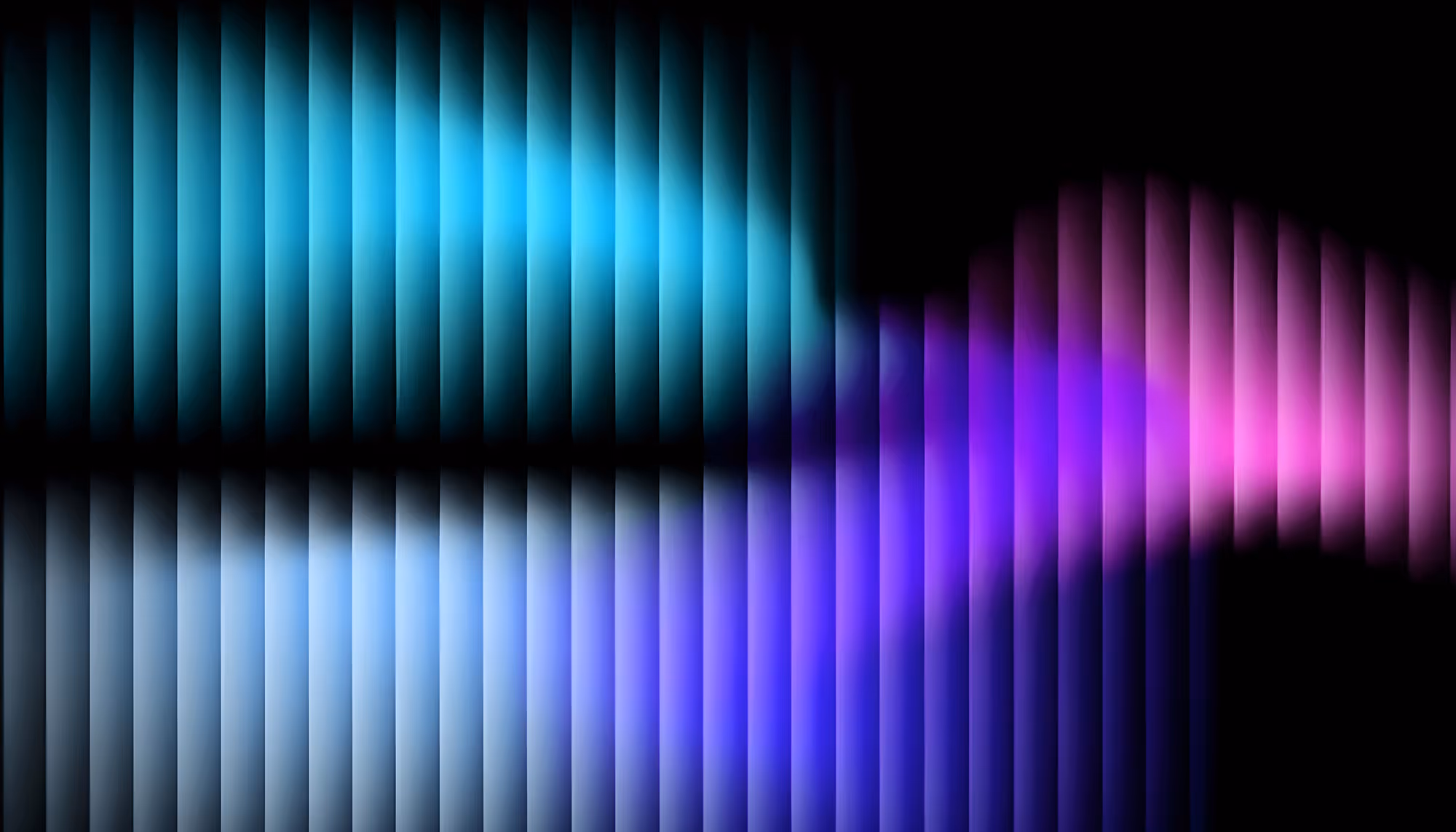 Abstract image with gradient waves of blue, purple, and pink lines on a black background, creating a dynamic and soothing visual effect.