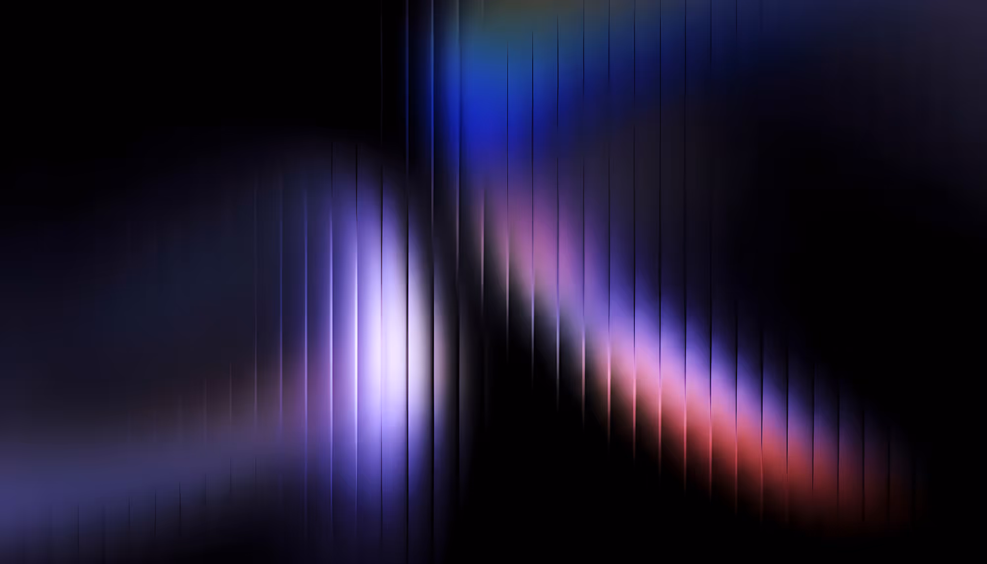 Abstract image with vertical black lines overlaid on a dark background. Soft glows of blue, purple, and red create a dynamic, radiant effect.