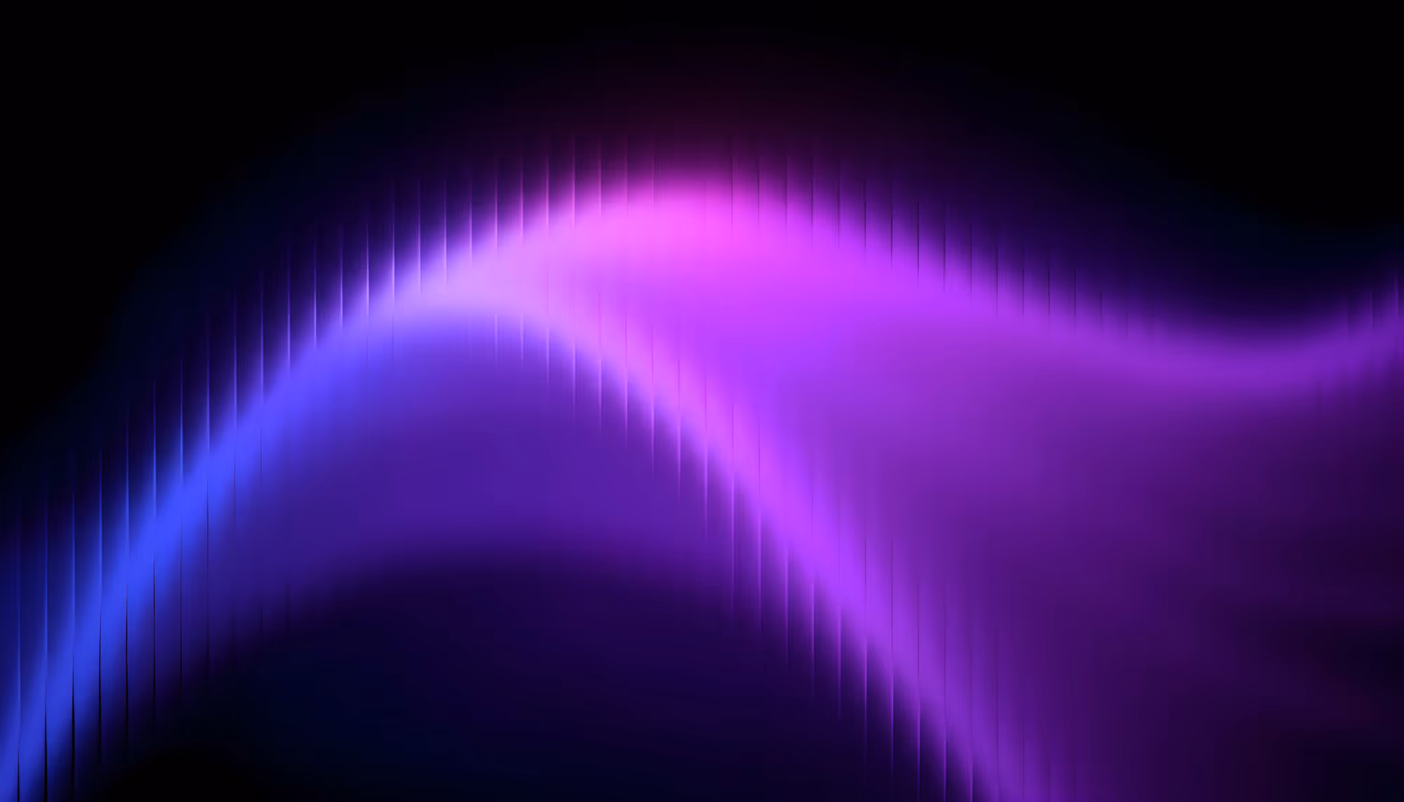 Abstract image featuring a wavy gradient of purple and blue light against a black background. The flowing lines create a sense of movement and tranquility.