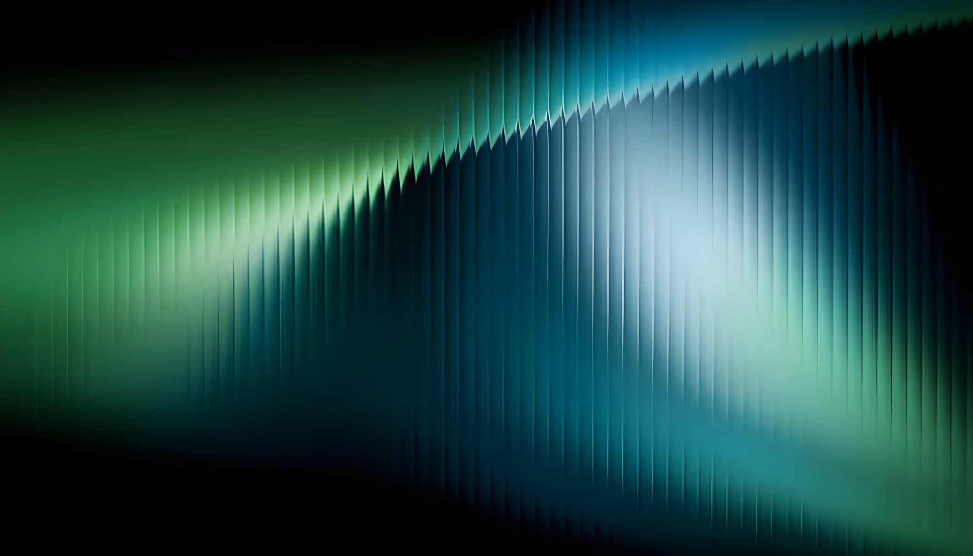Abstract image with a gradient blend of green and blue, featuring vertical, wavy lines creating a sense of motion and depth against a dark background.